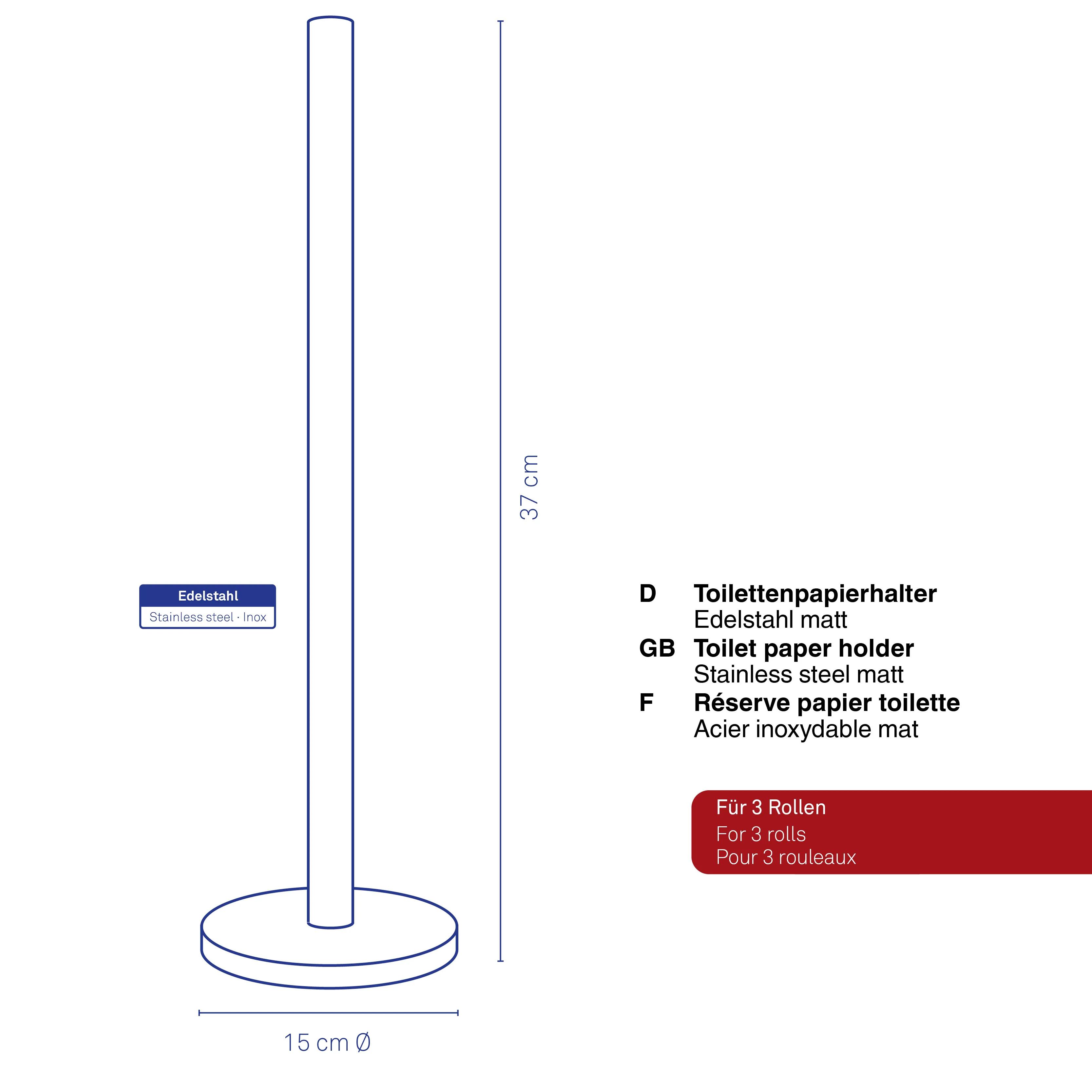 Toilettenpapierhalter Edelstahl matt freistehend für 3 Rollen Technische Zeichnung eines freistehenden Toilettenpapierhalters aus Edelstahl matt, 37 cm hoch, für 3 Rollen