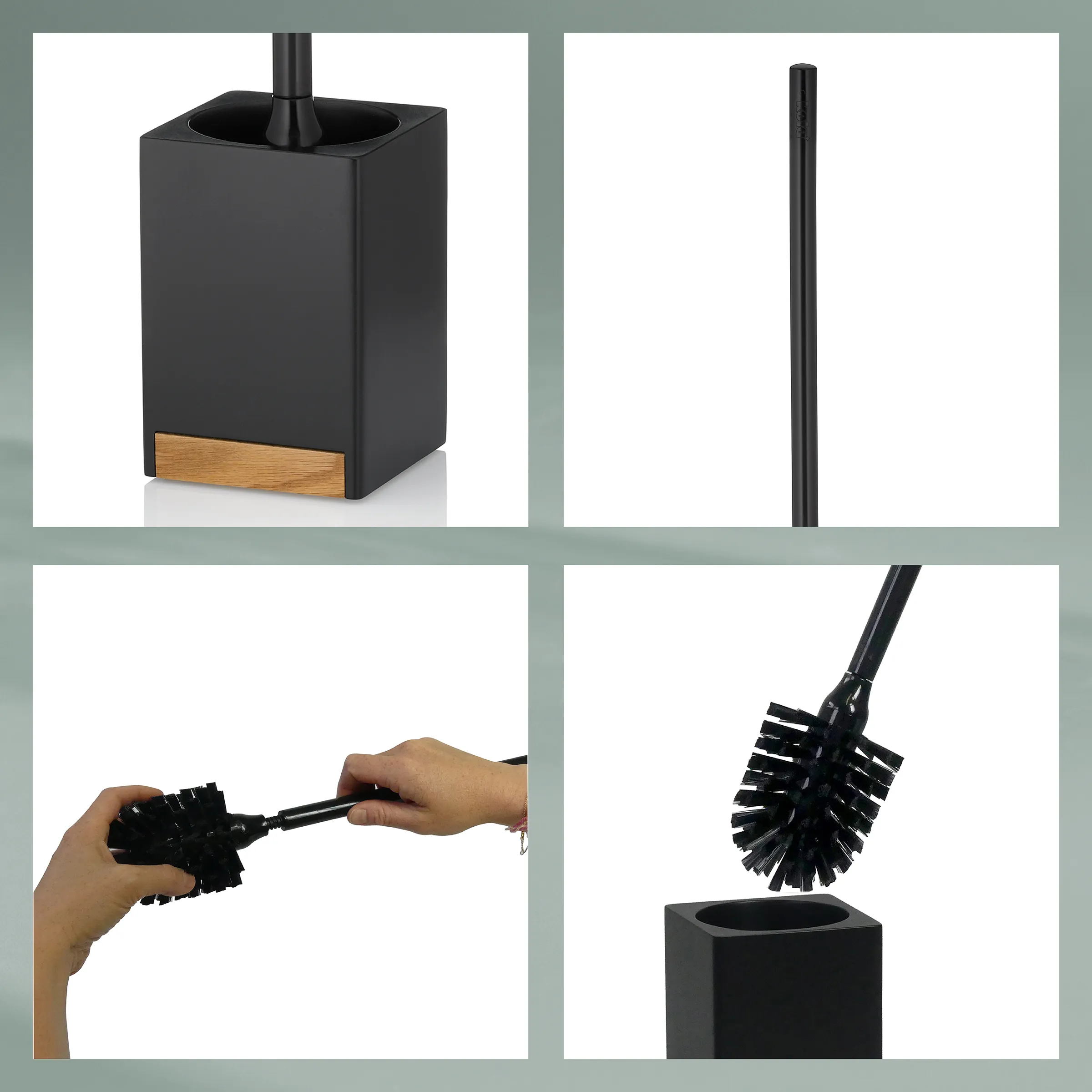 Toilettenbürste schwarz mit Holzakzent - moderne WC-Bürste mit Halter Schwarze Toilettenbürste mit Holzdetail am Halter, inklusive Nahaufnahmen des Bürstenkopfs und der Handhabung