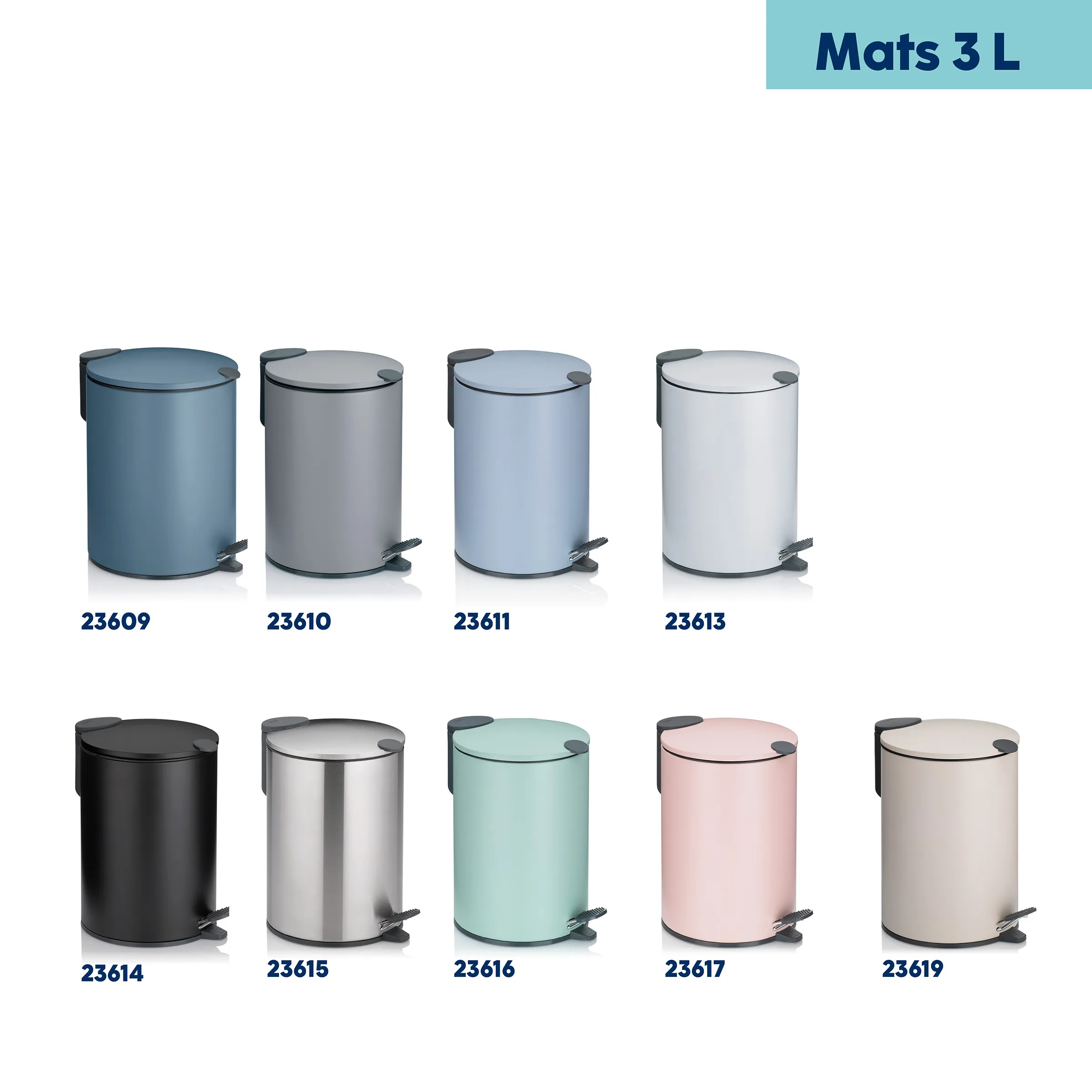 Mats 3L Tretmülleimer - Kosmetikeimer in 9 modernen Farben Mats 3L Tretmülleimer in 9 Farben: Blau, Grau, Hellblau, Weiß, Schwarz, Edelstahl, Mint, Rosa und Beige