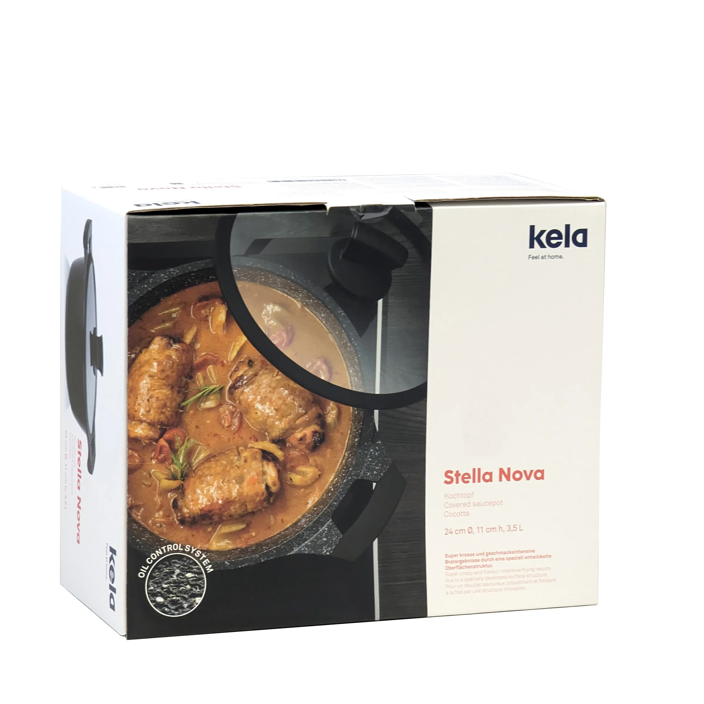 Kela Stella Nova Kochtopf 24cm mit Glasdeckel und Hähnchen-Gericht in brauner Sauce auf Verpackung