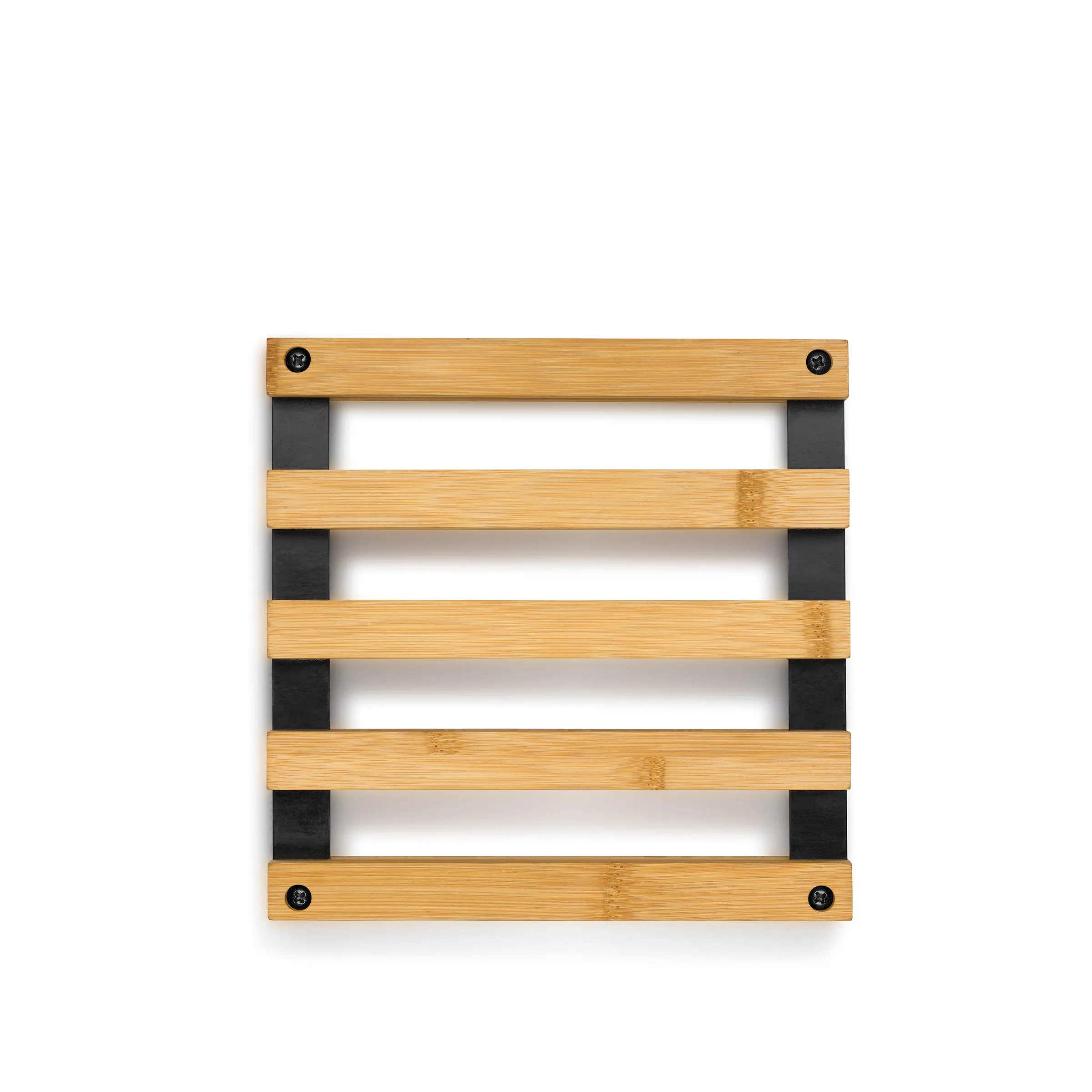 Bambus-Untersetzer quadratisch mit Silikonverbindungen - Topfuntersetzer aus Holz Bambus-Untersetzer mit vier horizontalen Leisten und schwarzen Silikonverbindungen, quadratisch mit vier Schrauben