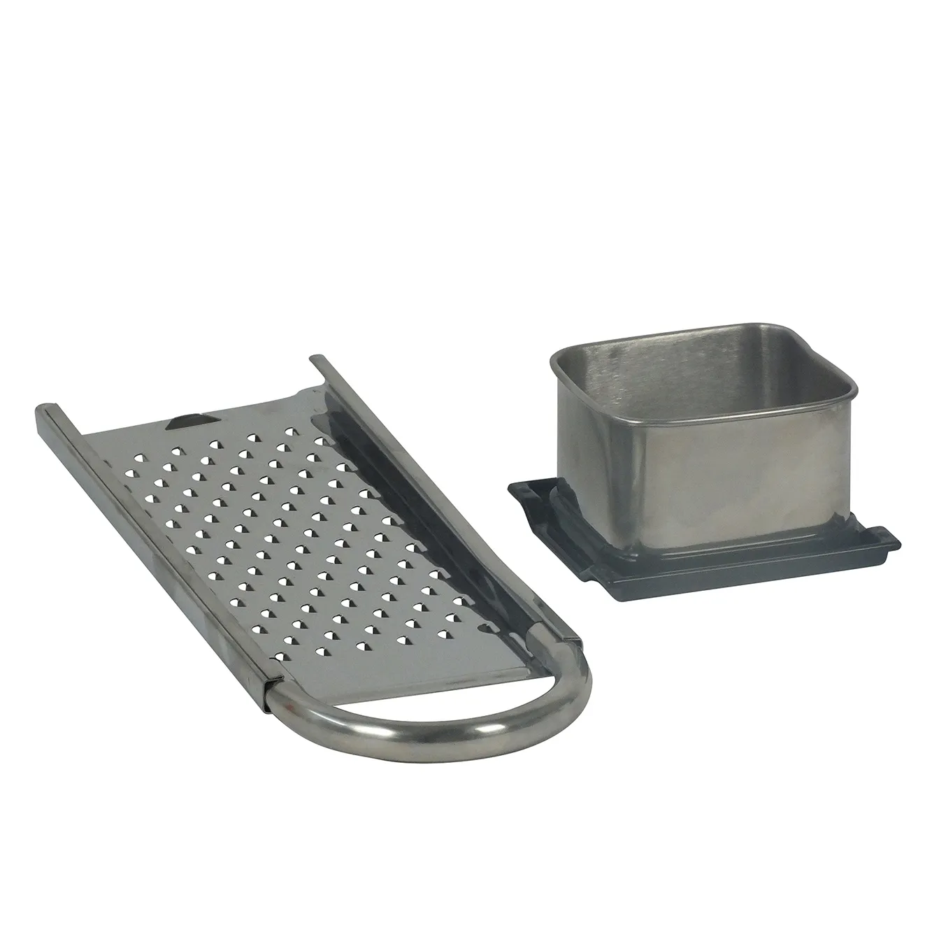 Râpe de cuisine en acier inoxydable perforé avec poignées noires et boîte de récupération séparée