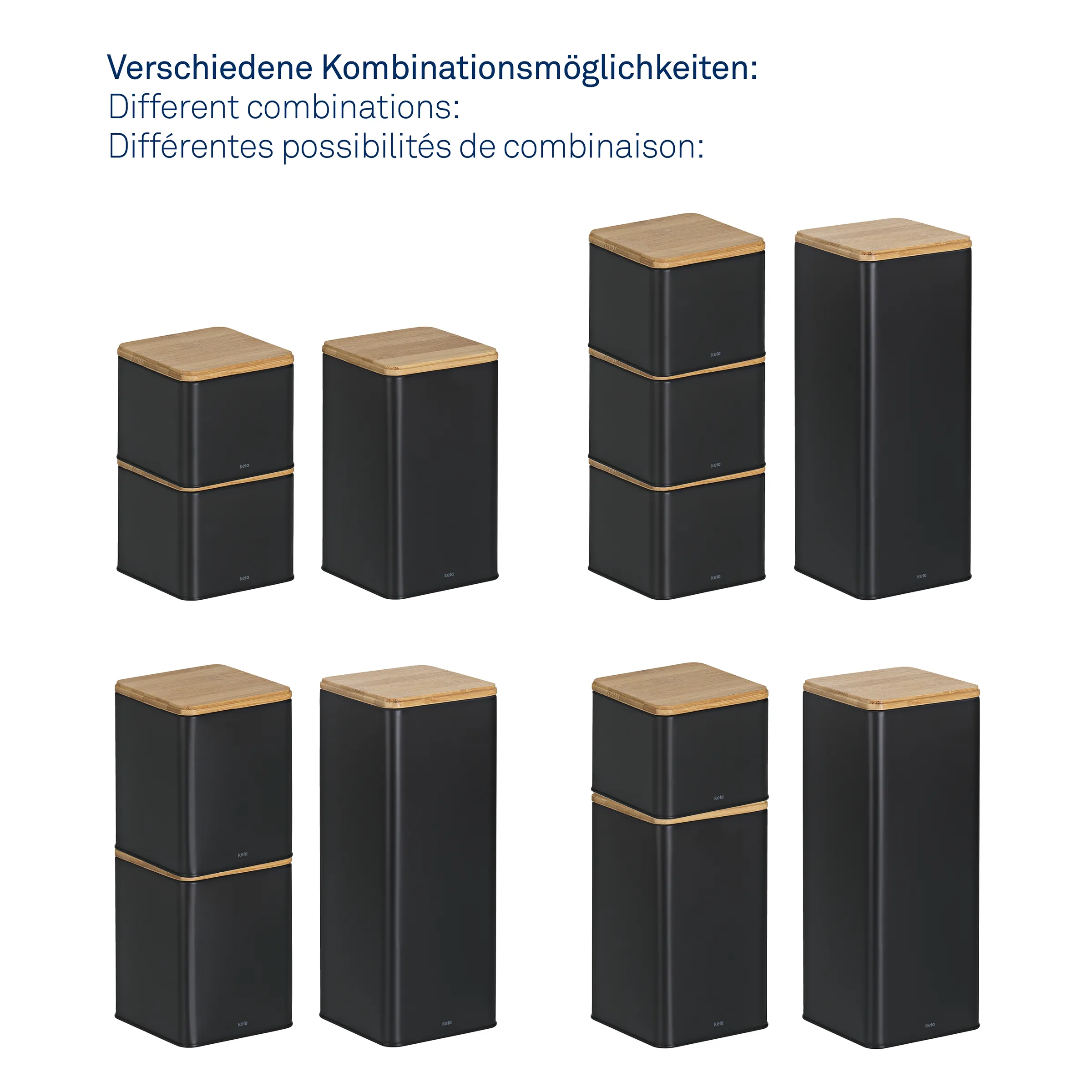 Modulare Aufbewahrungsbehälter - Kombinationsmöglichkeiten Acht schwarze modulare Behälter mit Holzdeckeln in verschiedenen Kombinationsmöglichkeiten dargestellt