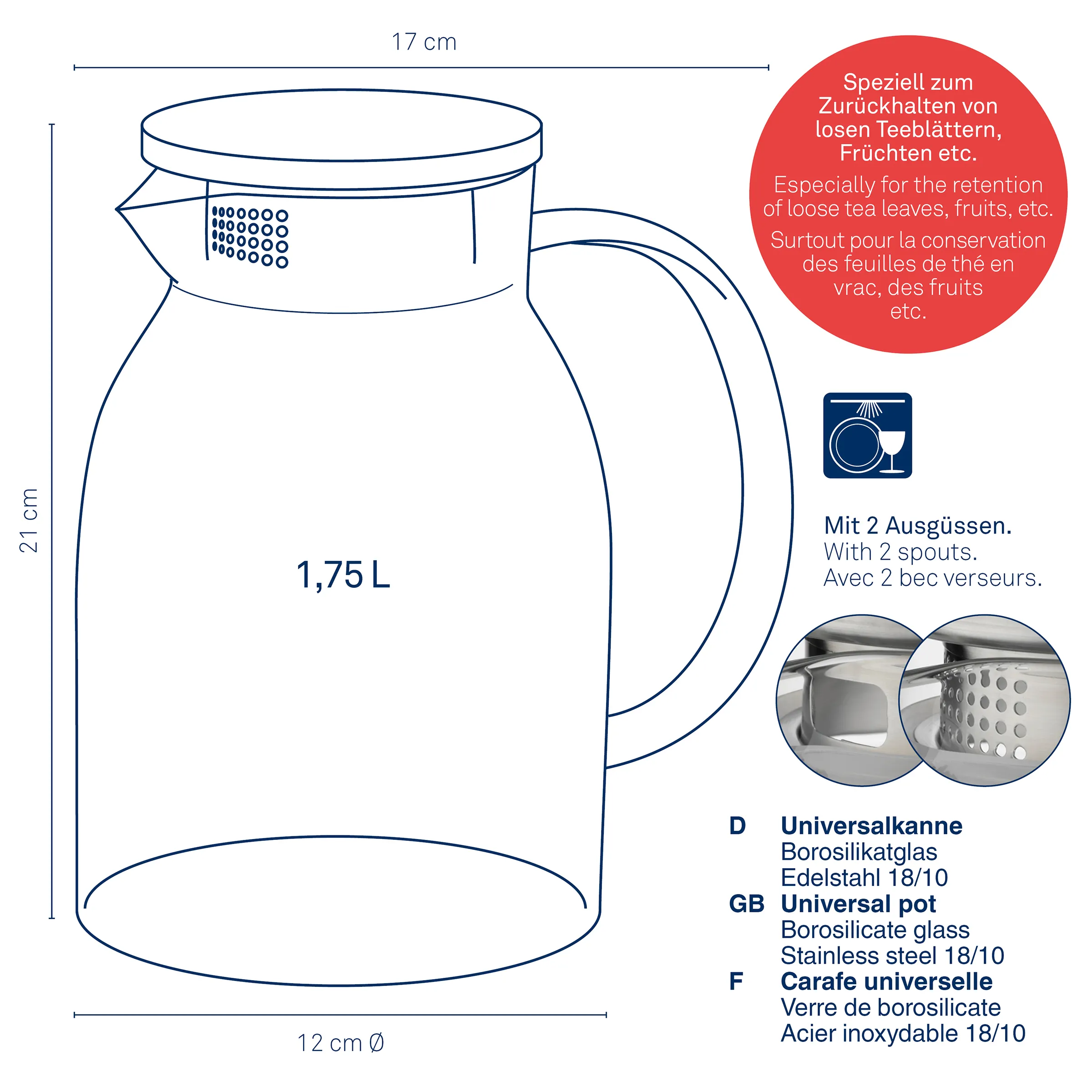 Universalkanne Borosilikatglas 1,75L Teefilter Edelstahl Universalkanne aus Borosilikatglas mit 1,75 L Fassungsvermögen, 17 cm Breite, 21 cm Höhe, mit Teefilter-Einsatz und 2 Ausgüssen.