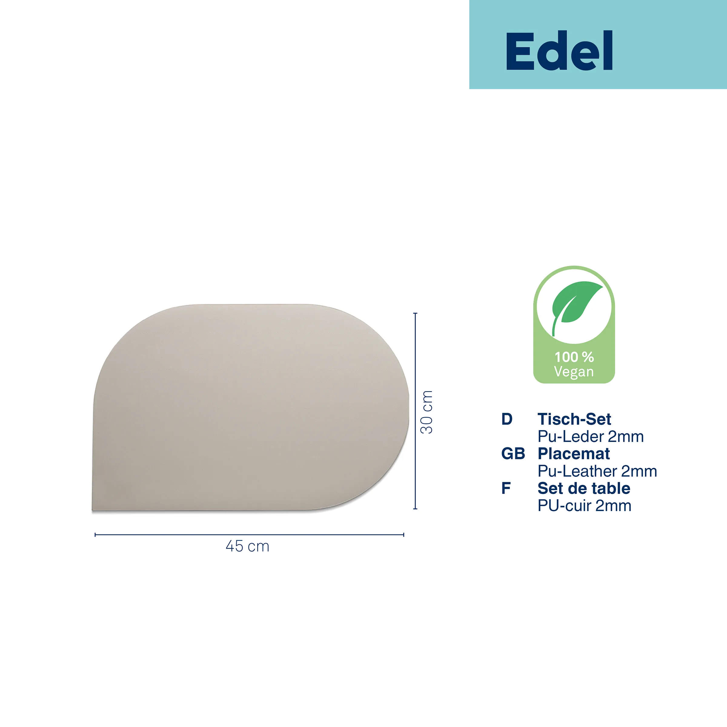 Edel Tisch-Set aus beigem Pu-Leder 2mm, 45x30cm, mit 100% Vegan-Siegel