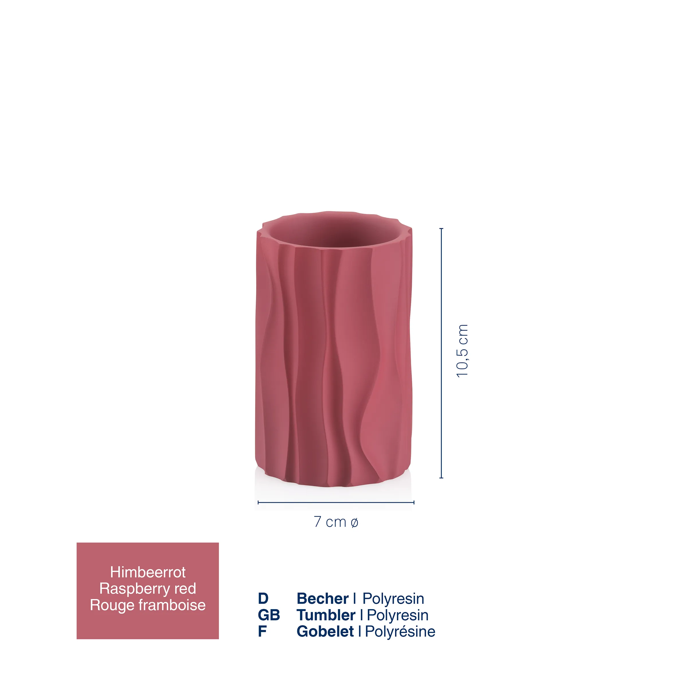 Himbeerfarbener Polyresin-Tumbler mit gerillter Oberfläche, 7 cm Durchmesser, 10,5 cm Höhe