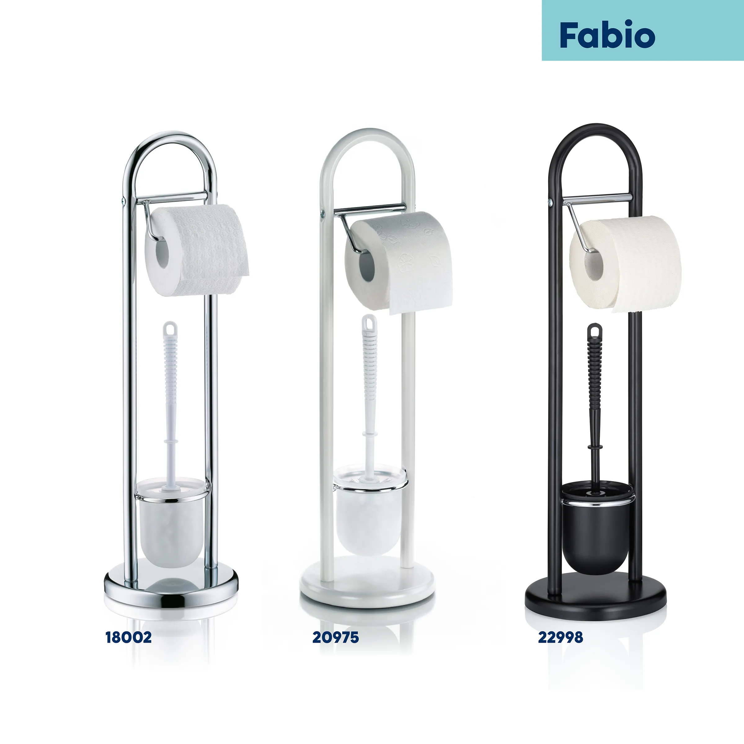 Fabio Toilettenbürsten-Sets - Modernes Badezimmer Zubehör Drei moderne Toilettenbürsten-Sets von Fabio in Chrom, Weiß und Schwarz mit schlankem Design und Haltern.