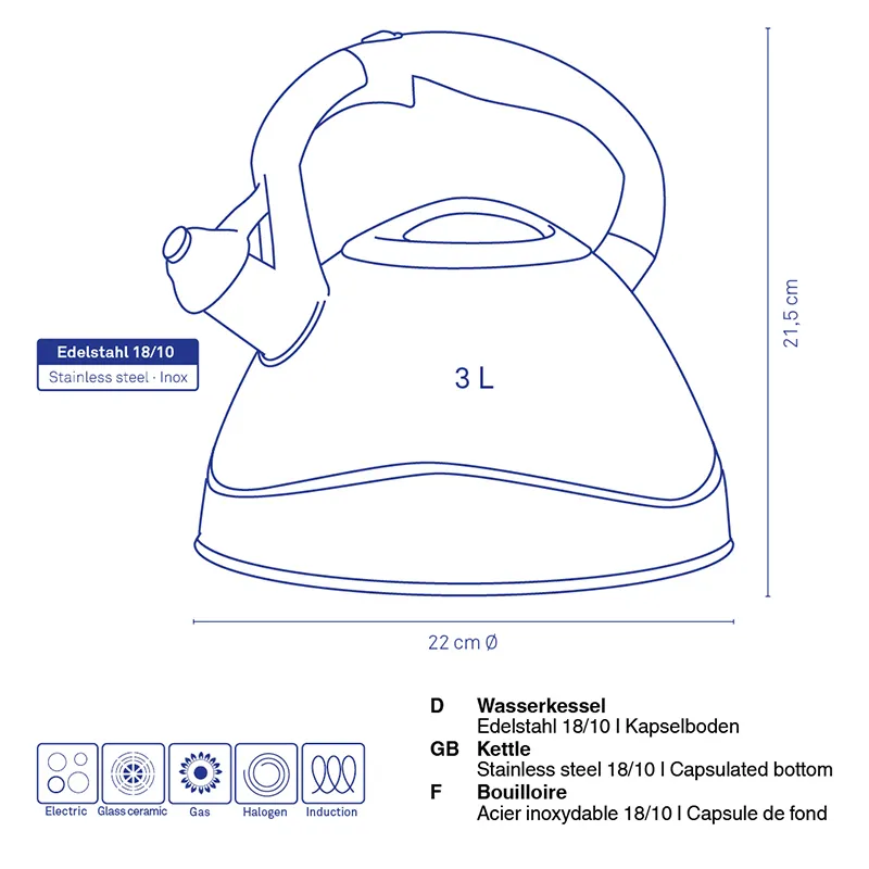 Wasserkessel Edelstahl 3 Liter Induktion Edelstahl-Wasserkessel mit 3 Liter Fassungsvermögen, 22 cm Durchmesser, Pfeifdeckel und Kapselboden für alle Herdarten.