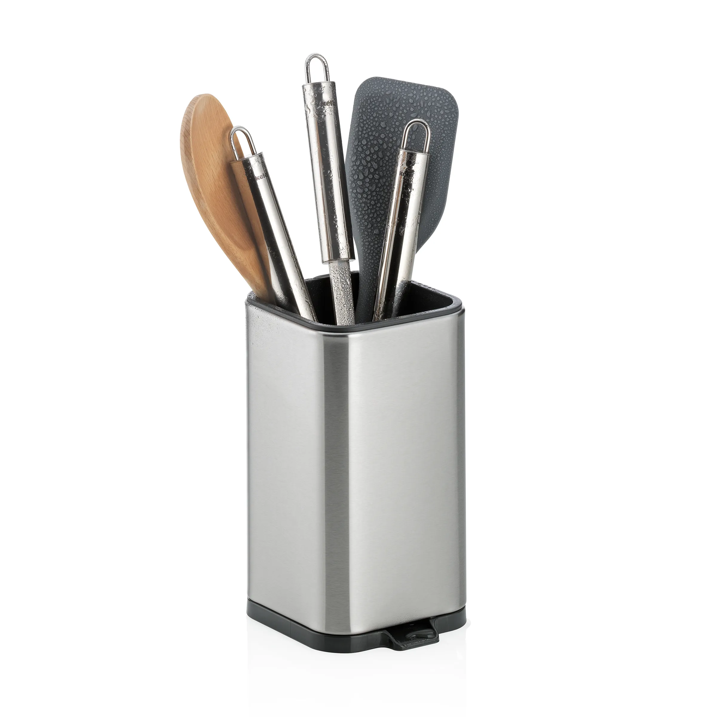 Edelstahl Küchenutensilien Behälter mit Kochzubehör Edelstahl Utensilienbehälter mit Kochutensilien: Holzspatel, Spoon und Spatulas mit Metallgriffen