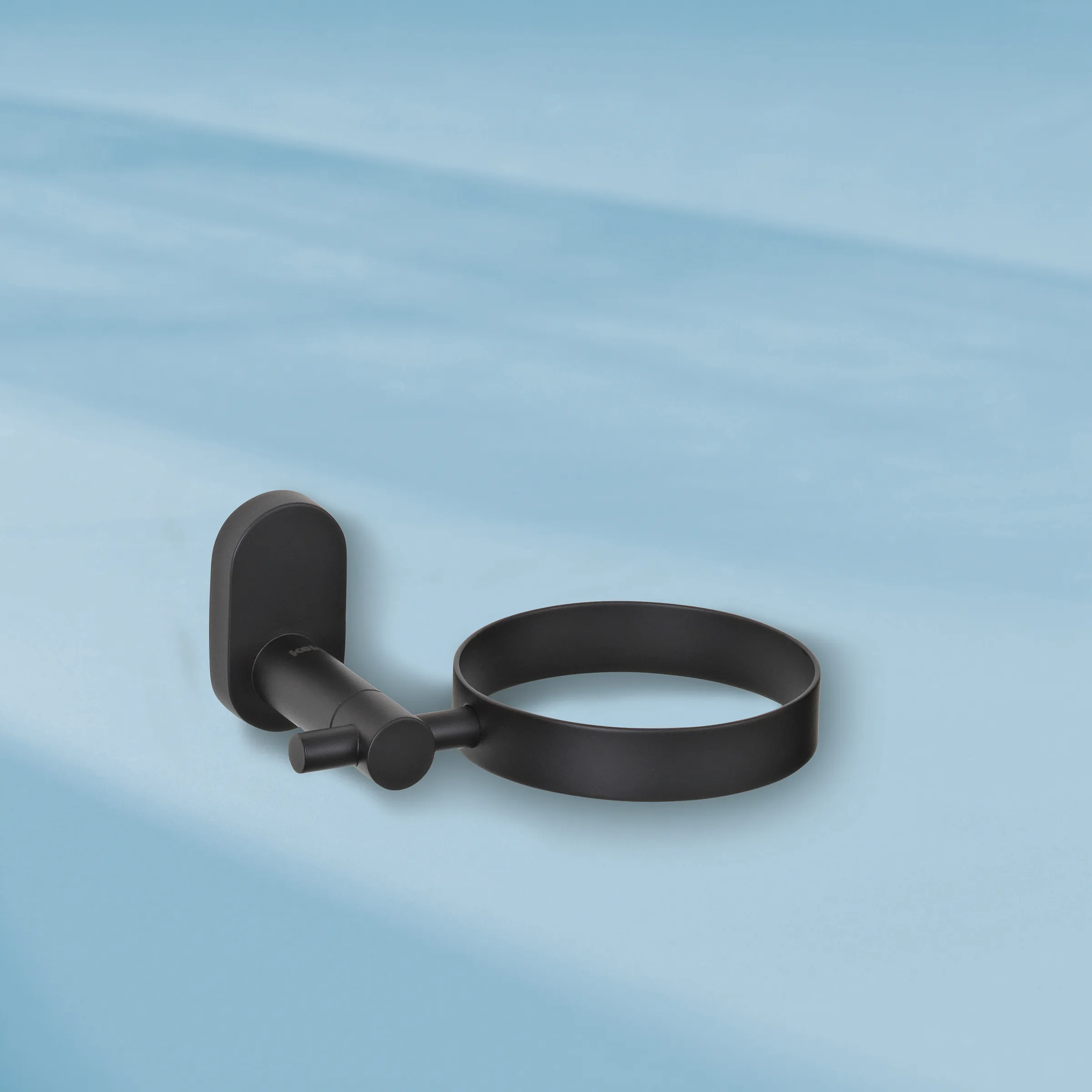 Schwarzer Wandhalter aus Metall mit rundem Behälter und Befestigungsplatte vor blauem Hintergrund