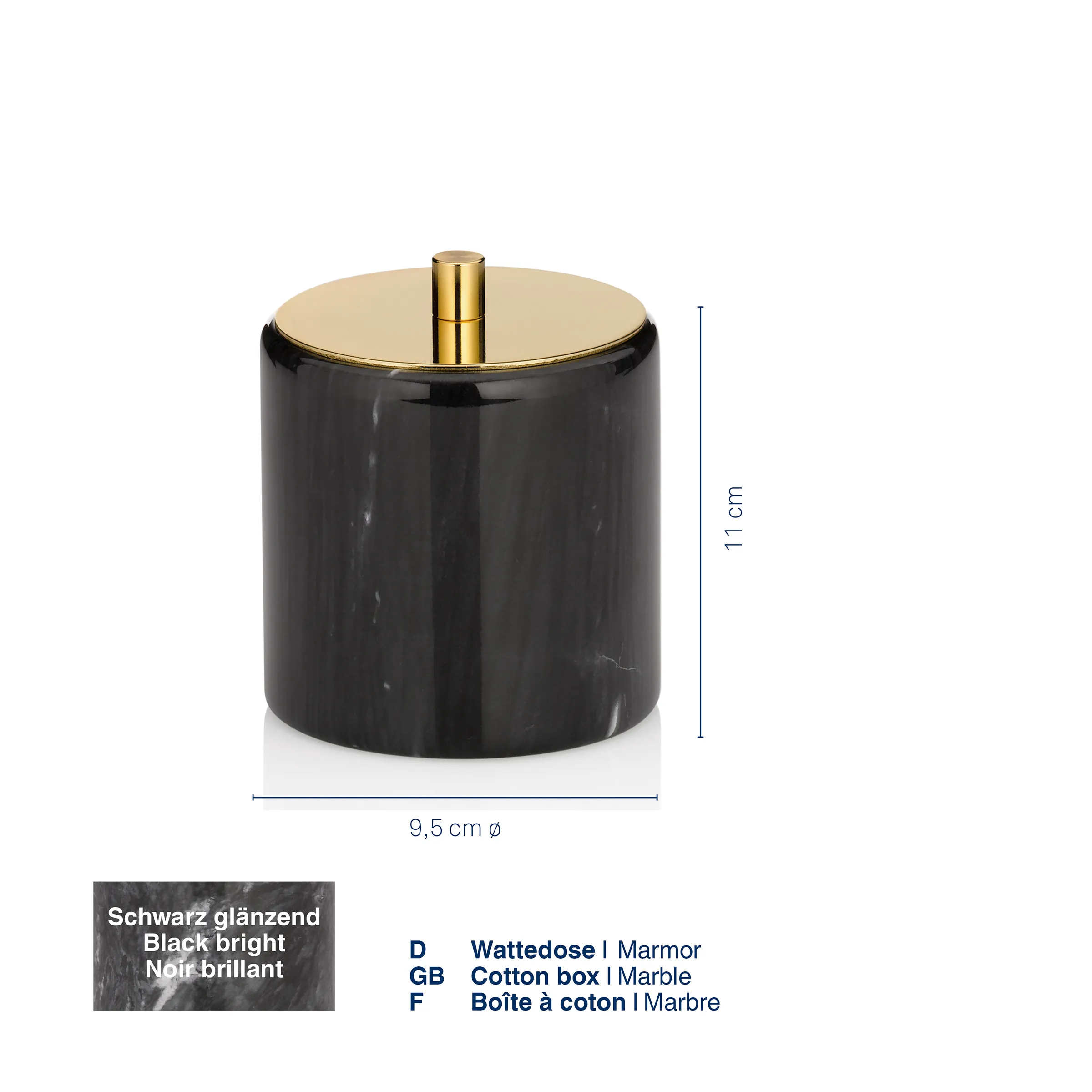 Schwarze Marmor Wattedose mit Golddeckel | Luxus Badezimmer Accessoire Schwarze Marmor Wattedose mit goldenem Deckel, 9,5 cm Durchmesser, 11 cm Höhe