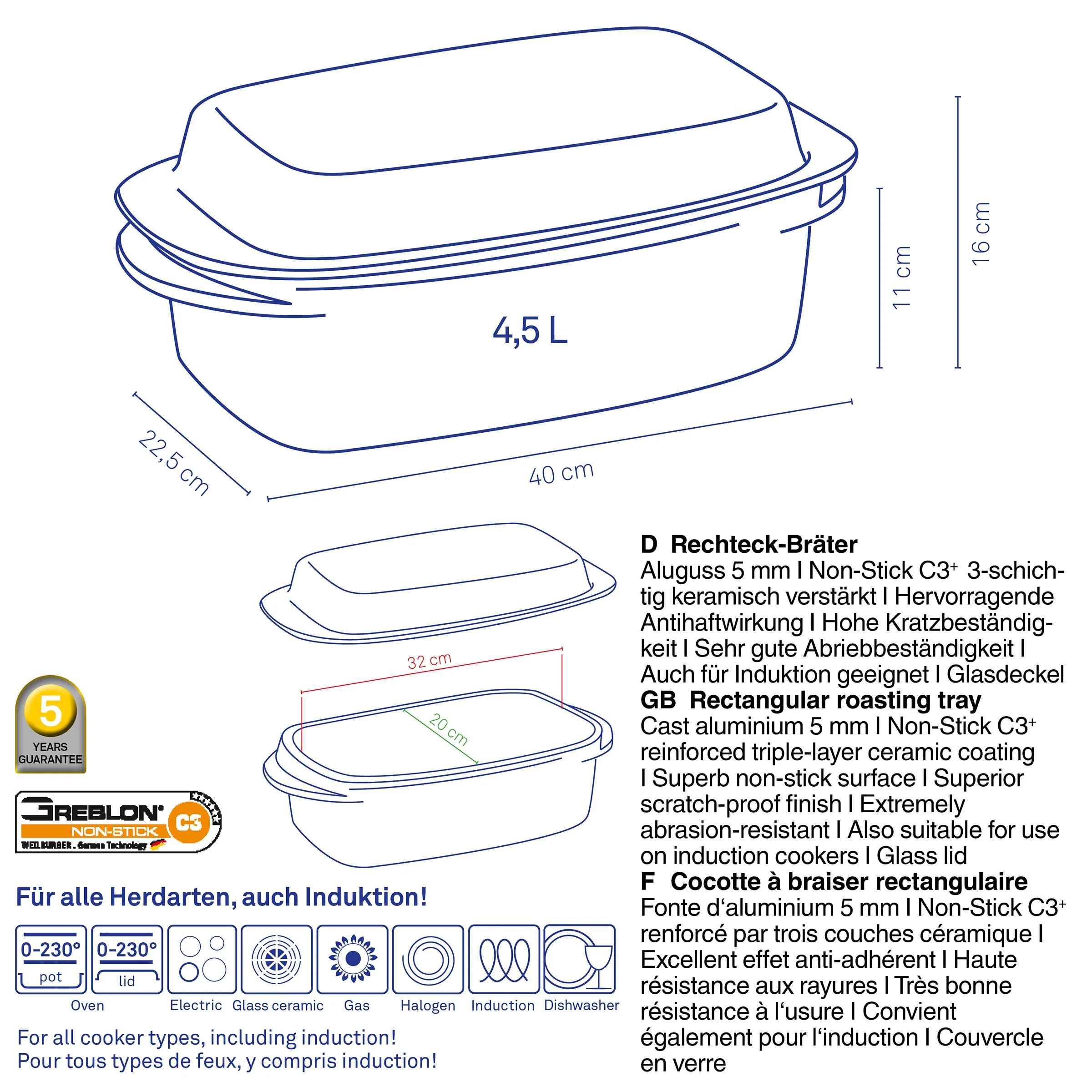 Aluguss Rechteck-Bräter 4,5L mit Glasdeckel, 40x22,5cm, antihaftbeschichtet, induktionsgeeignet