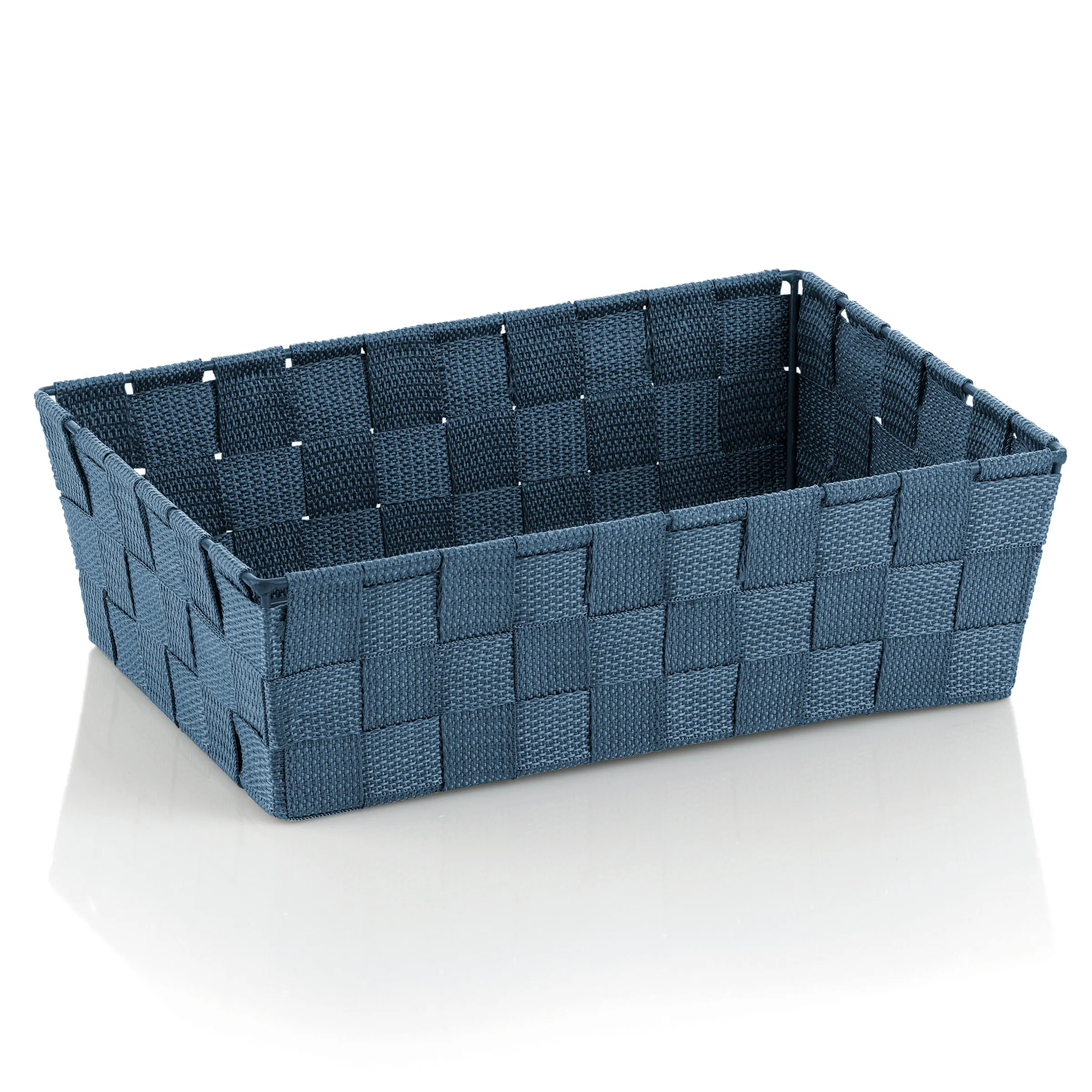 Gewebter Aufbewahrungskorb blau - Deko Ordnungsbox Blauer Aufbewahrungskorb aus gewebtem Material mit geflochtener Struktur und Griffen an den Seiten.