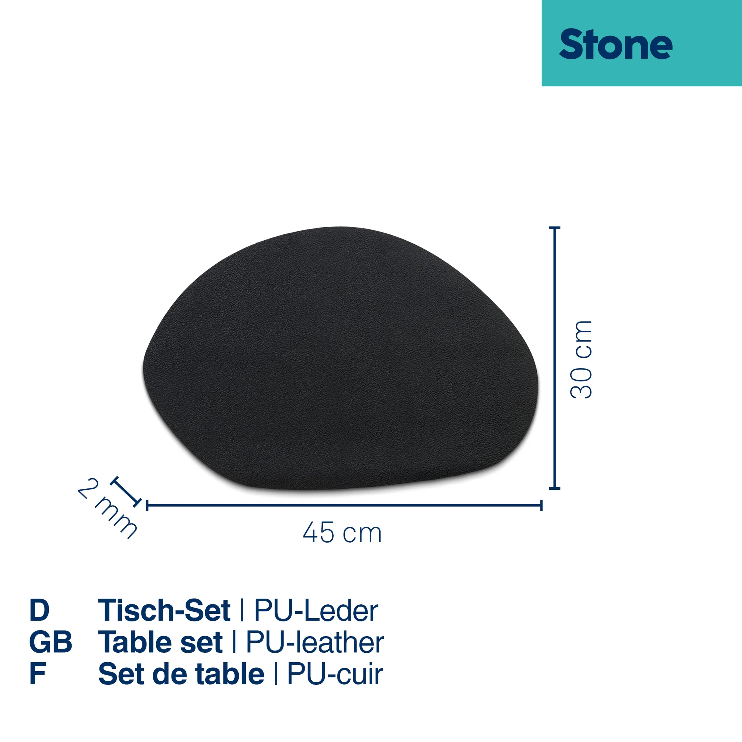 Tisch-Set PU-Leder schwarz oval 45x30cm - Stone Platzset Tischunterlage Schwarzes ovales Tisch-Set aus PU-Leder, 45 x 30 cm, 2 mm dick, von Stone auf weißem Hintergrund