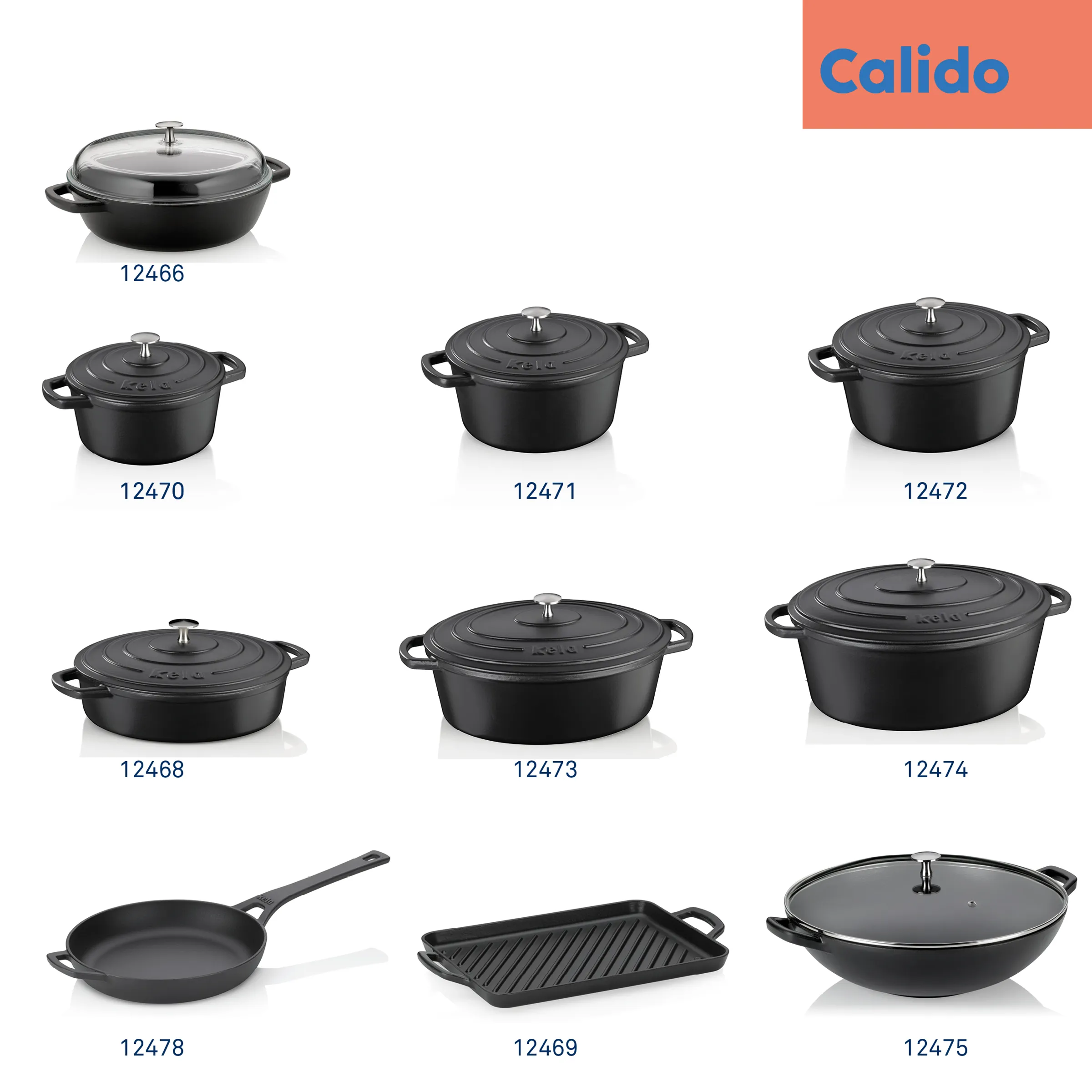 Calido Gusseisen Kochgeschirr Set - Töpfe und Pfannen Kollektion schwarzer Gusseisen-Kochgeschirre von Calido mit verschiedenen Größen und Formen wie Töpfe, Pfannen und Wok.