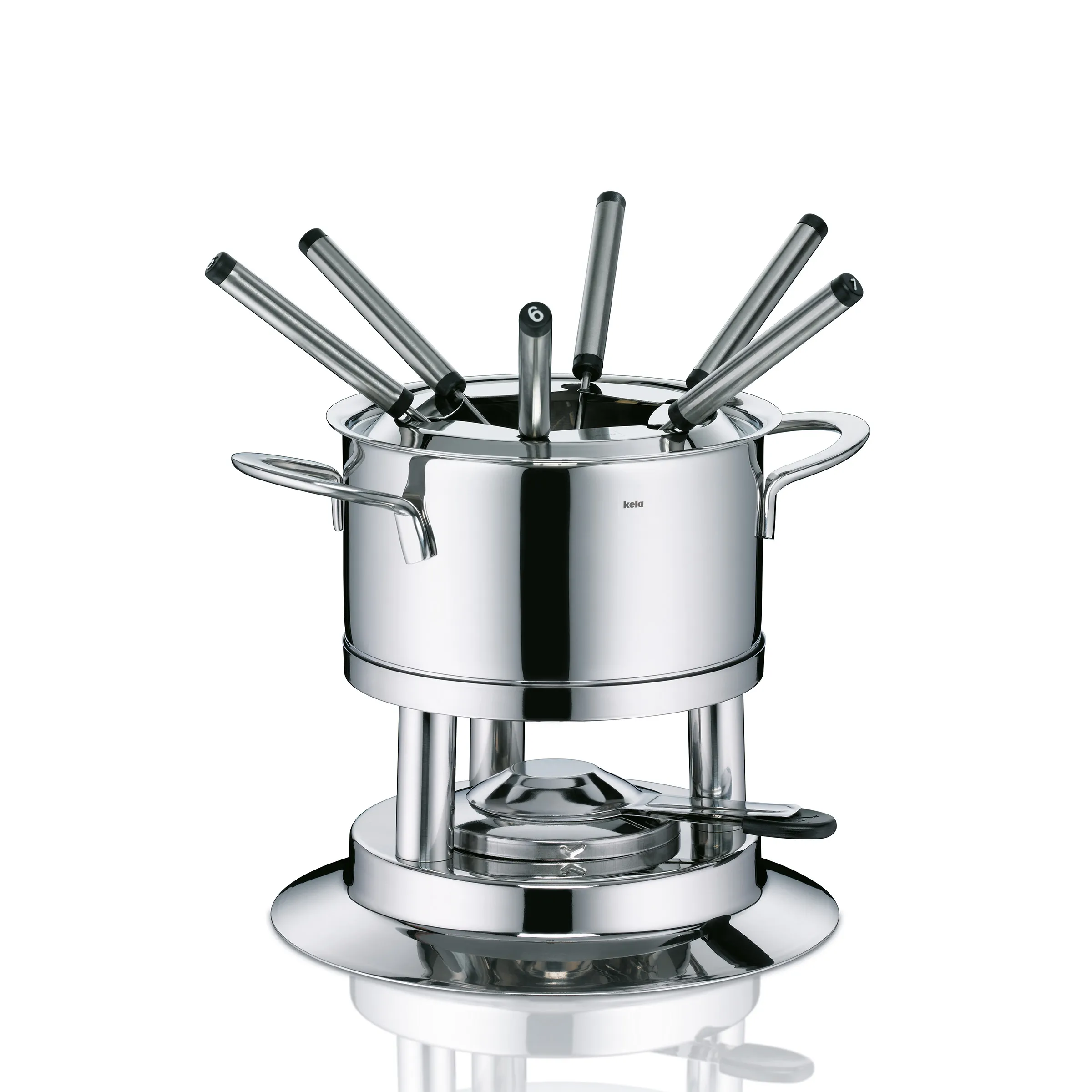 Edelstahl Fondue-Set mit Topf, Brenner, Ständer und sechs Gabeln auf weißem Hintergrund
