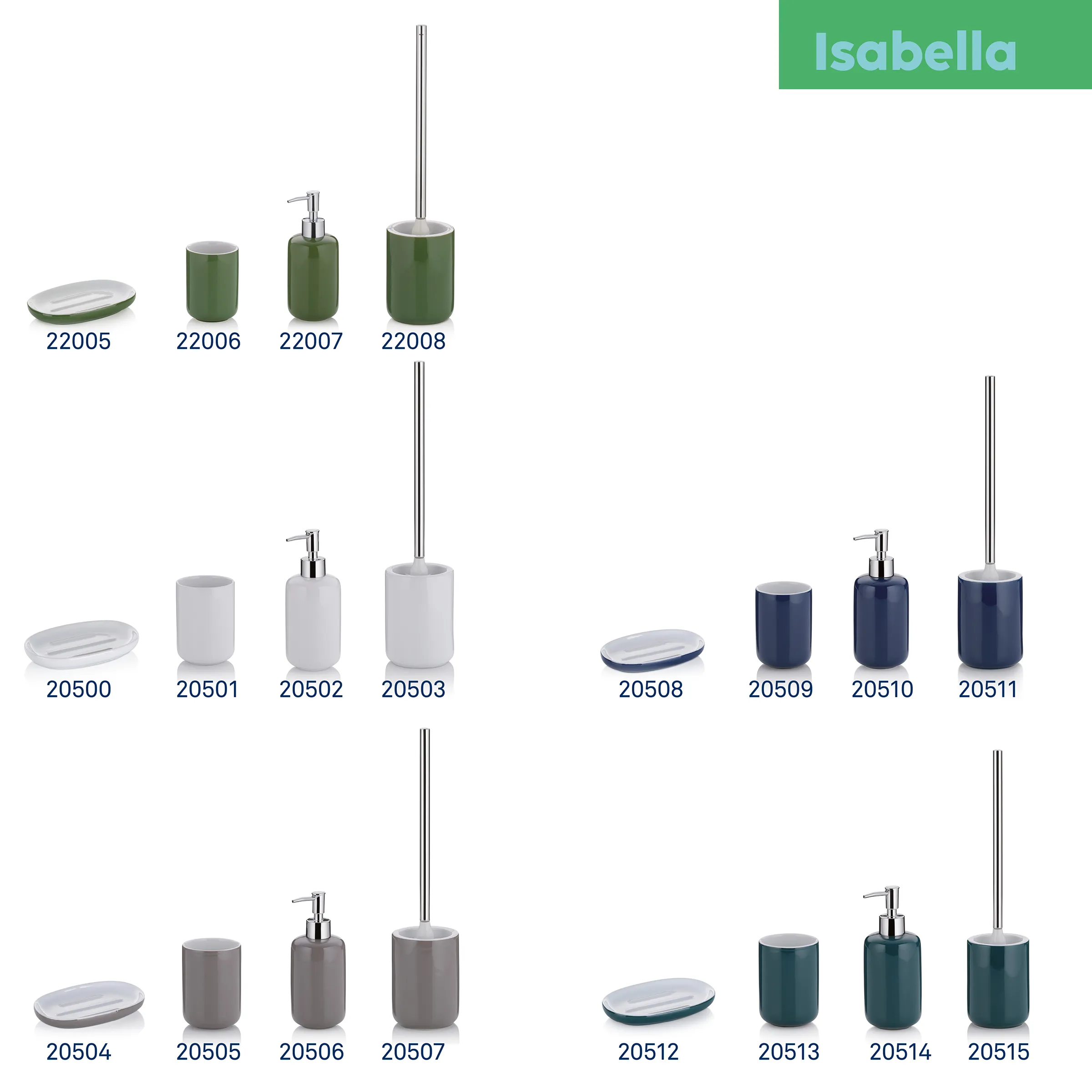 Isabella Badezimmer-Accessoires Set - Seifenspender und Toilettenbürsten Isabella Badezimmer-Accessoires-Serie mit grünen, weißen, blauen und graugrünen Behältern, Seifenspendern und Toilettenbürsten