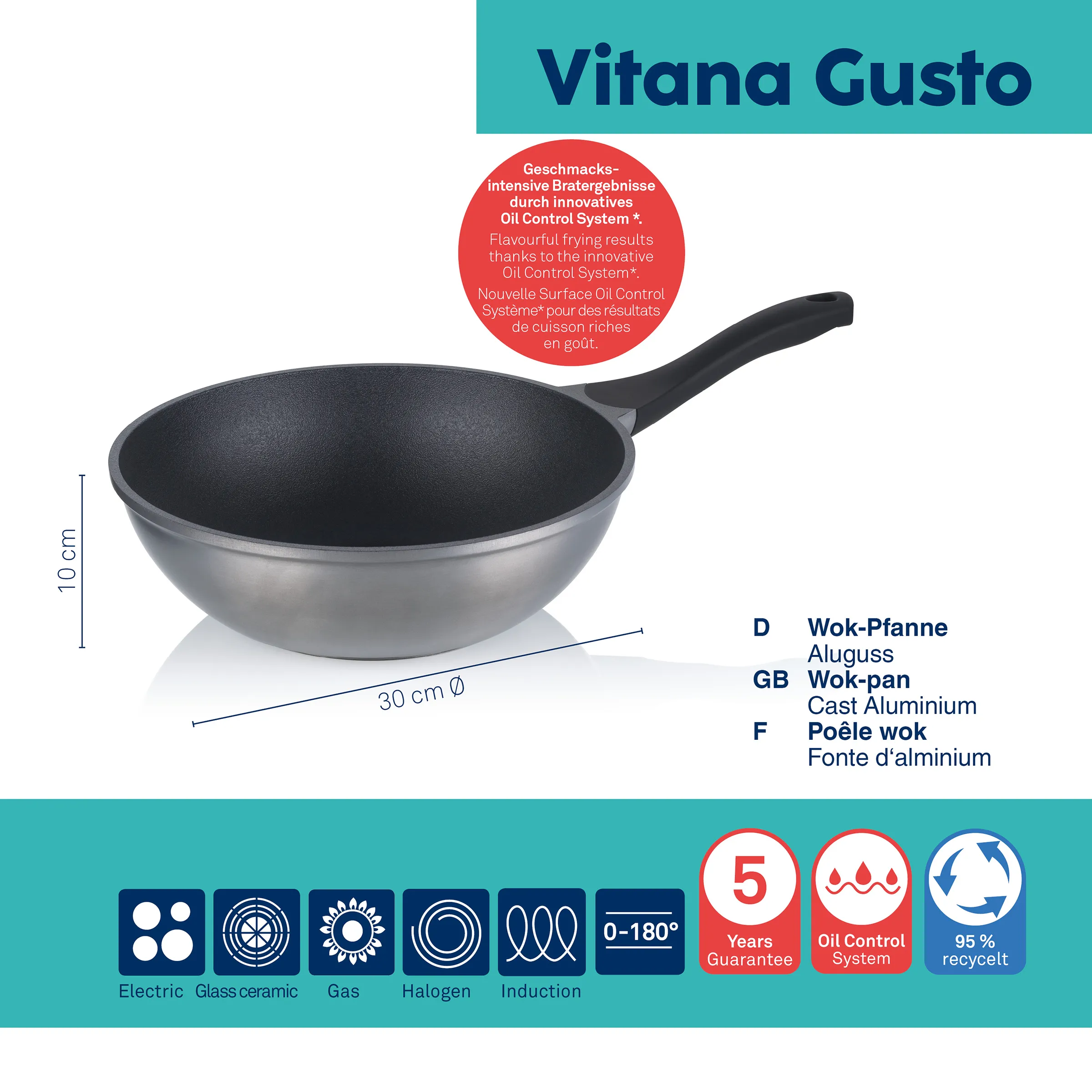 Vitana Gusto Wok-Pfanne Aluguss 30 cm mit Oil Control System Vitana Gusto Wok-Pfanne aus Aluguss, 30 cm Durchmesser, 10 cm Höhe mit schwarzer antihaftbeschichteter Innenfläche und schwarzem Griff.
