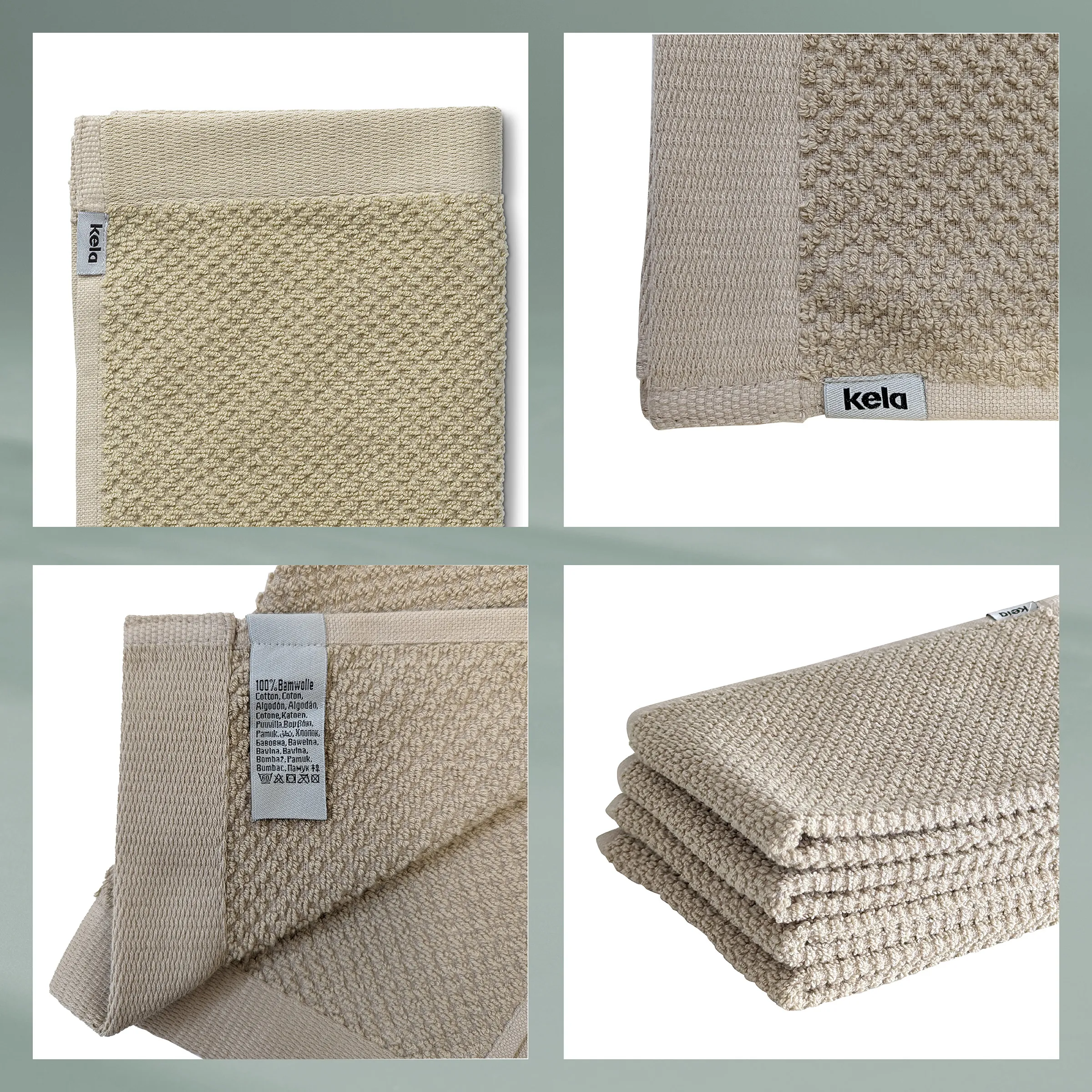 Waffelpiqué Handtücher Beige Taupe Kela Kela Waffelpiqué-Handtücher in Beige und Taupe, gestapelt und einzeln angezeigt, mit Markenlogo und Pflegeetikett.