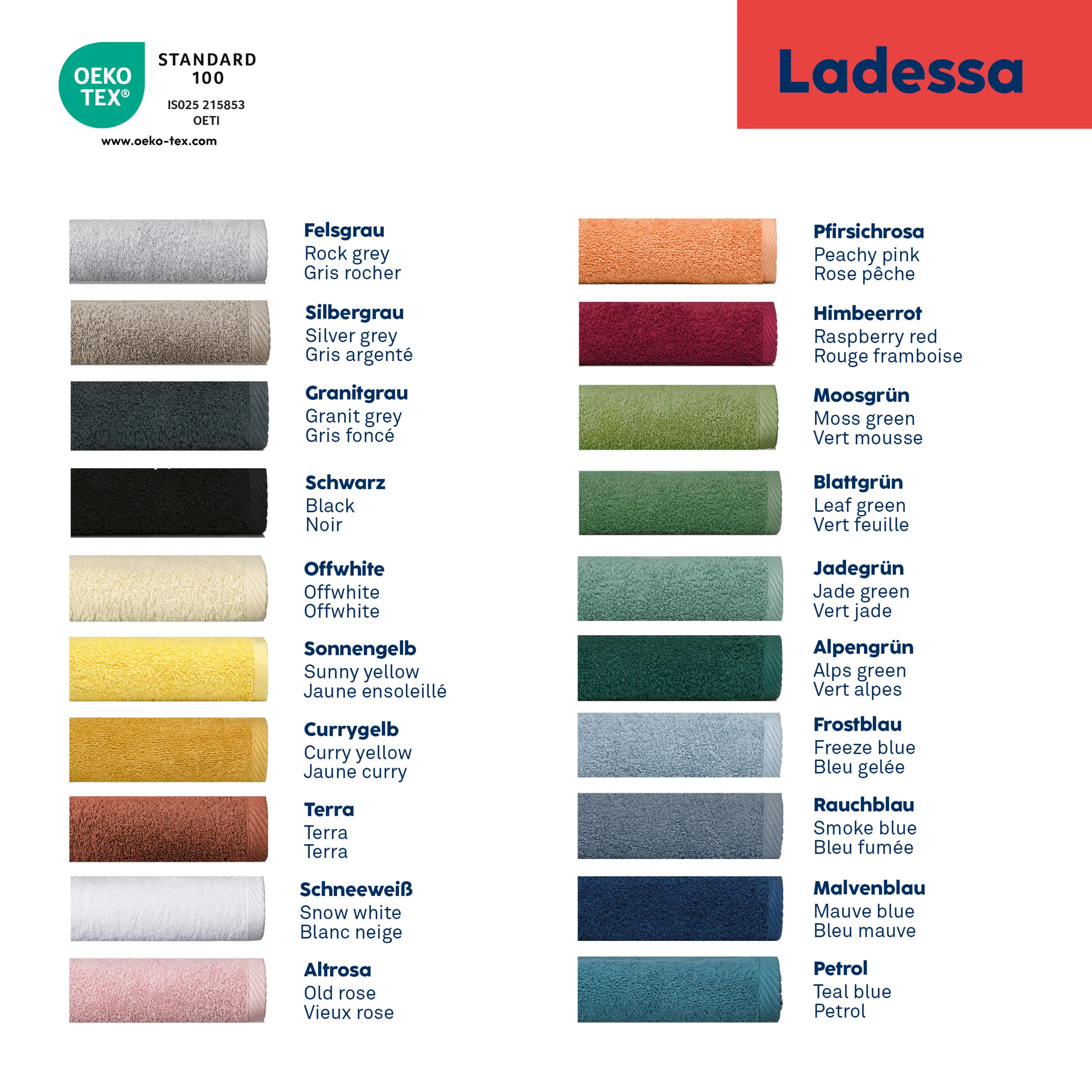 Ladessa Teppich Farbpalette - 24 Premium Farben Ladessa Farbpalette mit 24 Teppichfarben in Grau, Schwarz, Weiß, Gelb, Rot, Grün und Blautönen