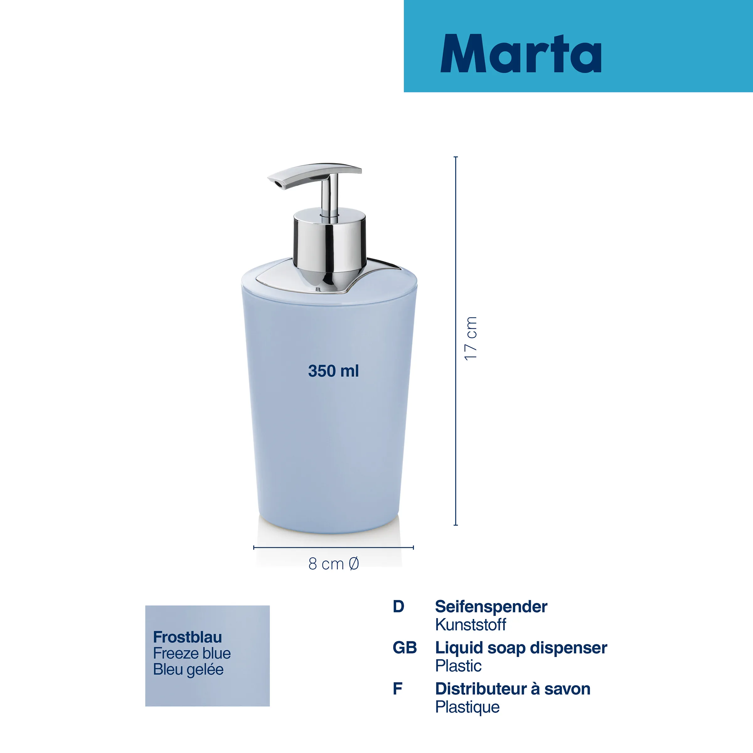 Frostblauer Seifenspender Marta aus Kunststoff, 350 ml, 17 cm hoch, 8 cm Durchmesser mit Metallpumpe