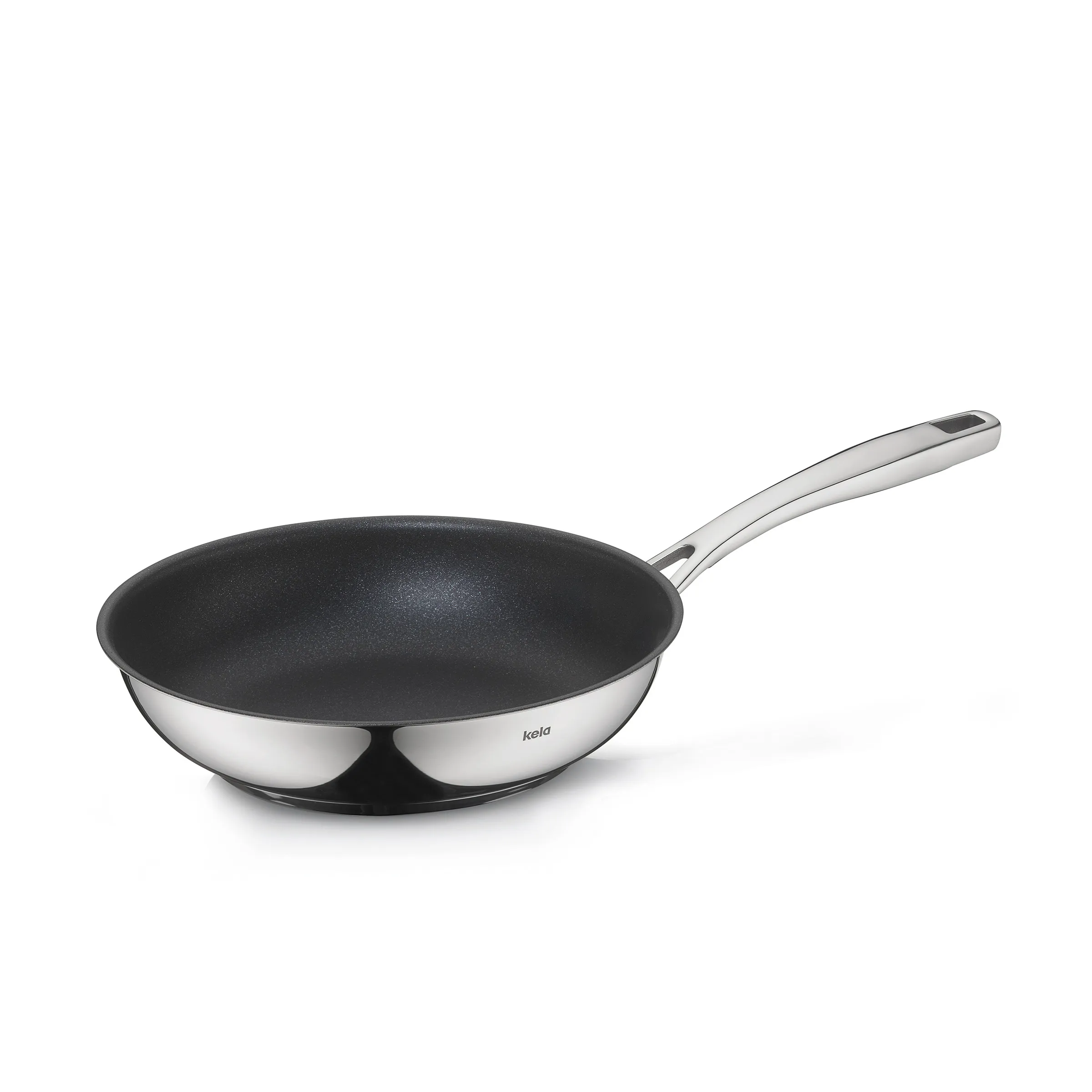Wok-Pfanne antihaftbeschichtet mit Griff Schwarze Wok-Pfanne mit Metallboden und ergonomischem grauem Griff von der Marke kela