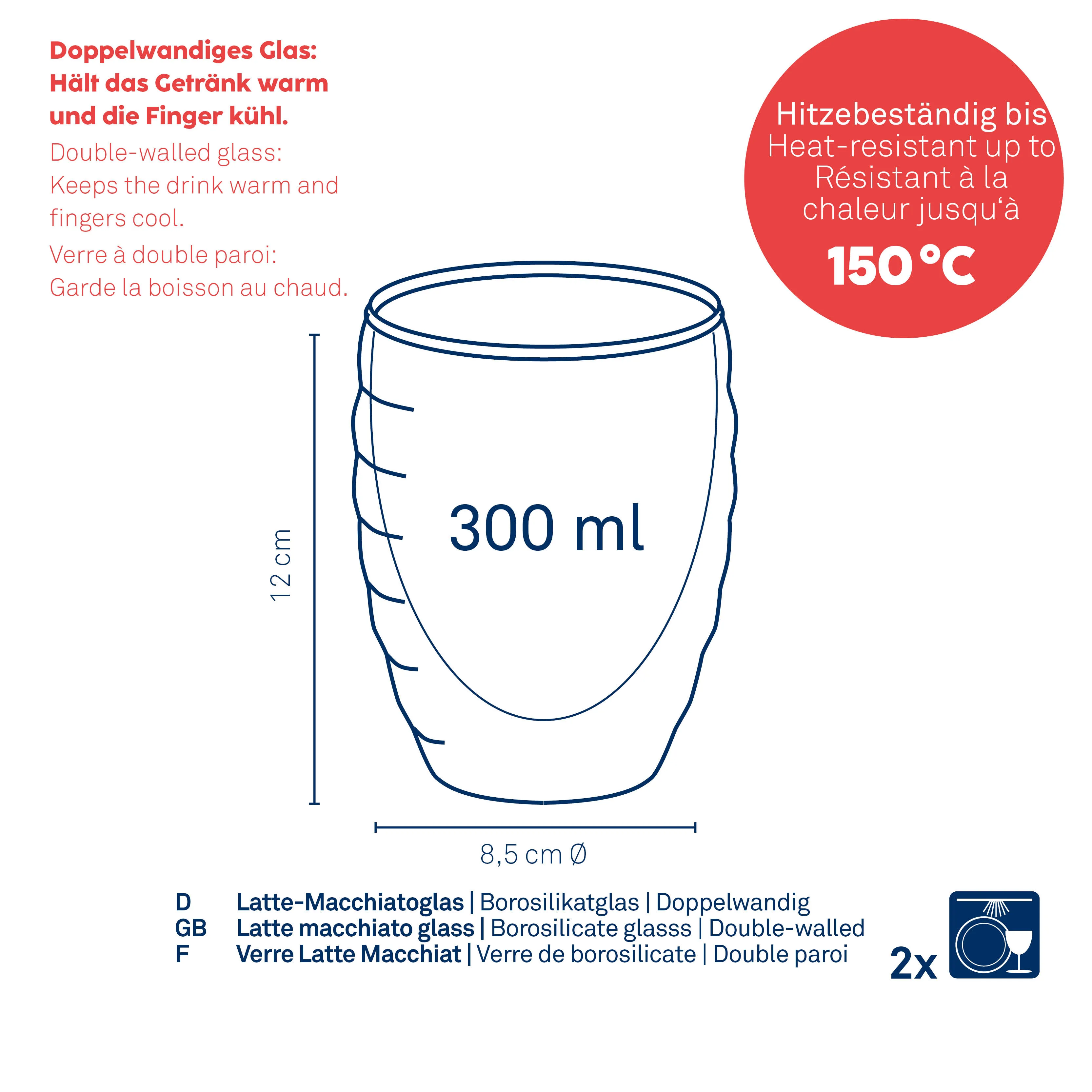 Verre Latte Macchiato Double Paroi 300ml - Résistant à la Chaleur Verre Latte Macchiat à double paroi, 300 ml, 12 cm de haut, 8,5 cm de diamètre, résistant jusqu'à 150°C
