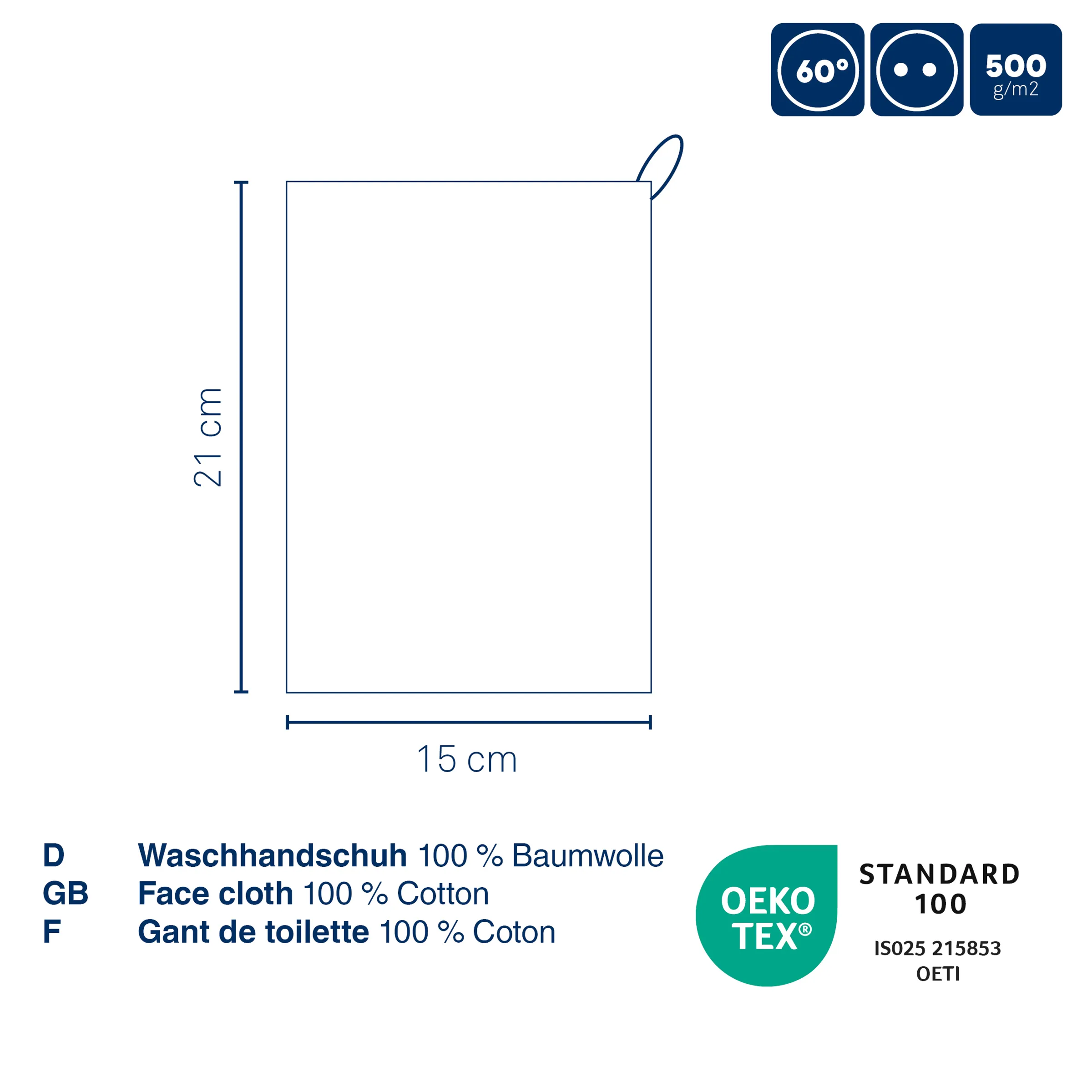 Waschhandschuh 100% Baumwolle, 15x21 cm, 500 g/m², waschbar bei 60°C, OEKO-TEX Standard 100 zertifiziert