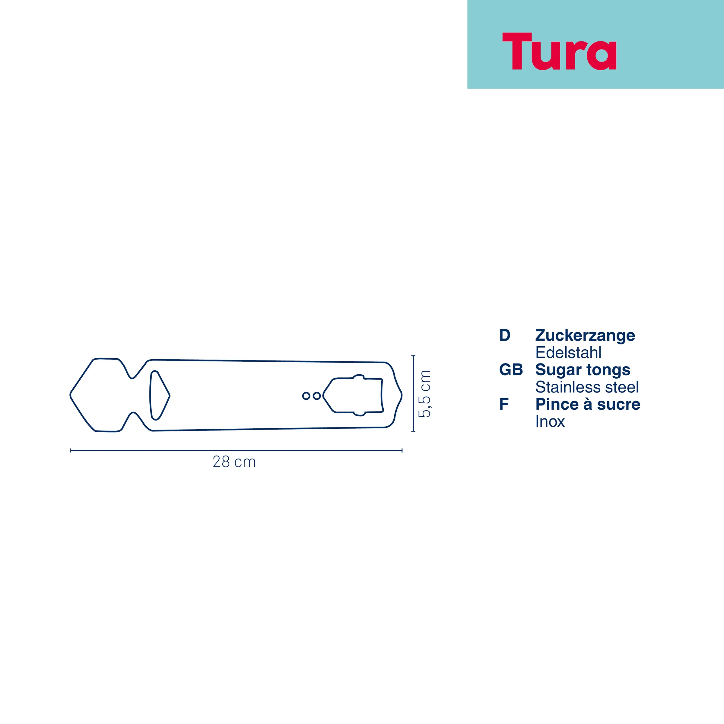 Zuckerzange Edelstahl 28 cm - Tura Sugar Tongs Edelstahl Tura Zuckerzange aus Edelstahl, 28 x 5,5 cm, technische Zeichnung mit Maßangaben