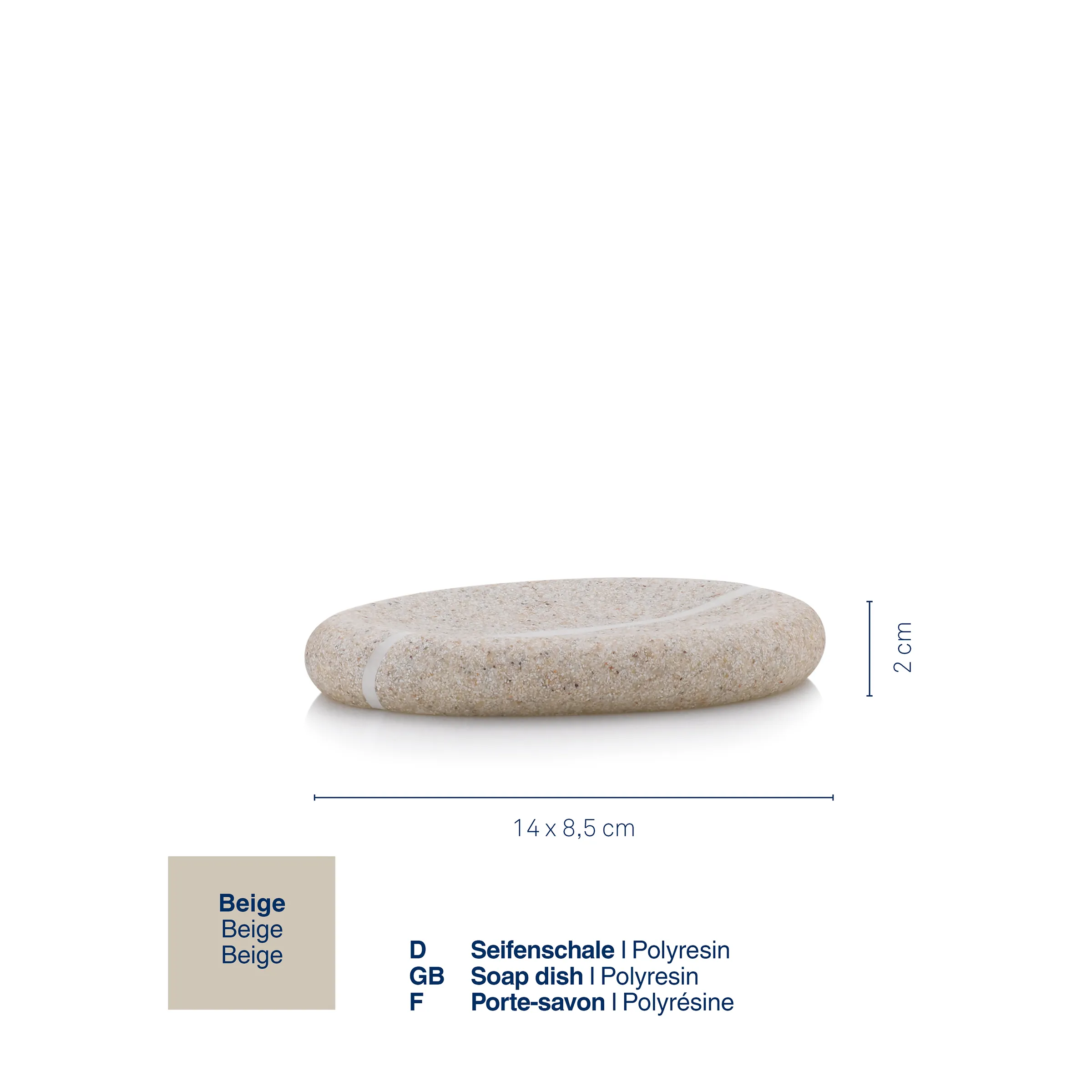 Beige ovale Seifenschale aus Polyresin mit Maßen 14 x 8,5 cm und 2 cm Höhe