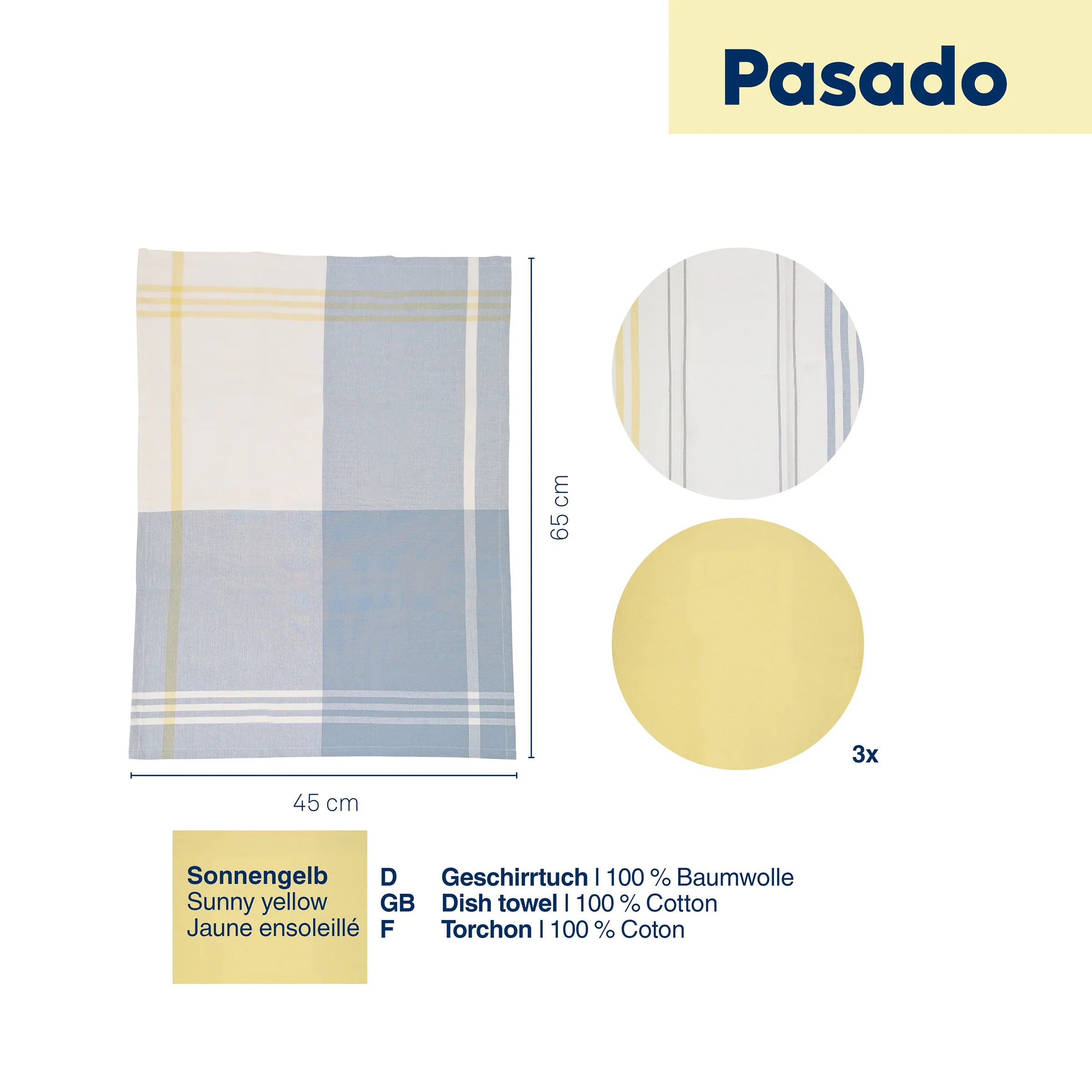 Geschirrtuch Sonnengelb 100% Baumwolle Pasado Küchentuch Set Sonnengelbes Geschirrtuch mit blauen und grauen Streifen, 45x65 cm, 100% Baumwolle, 3er Set