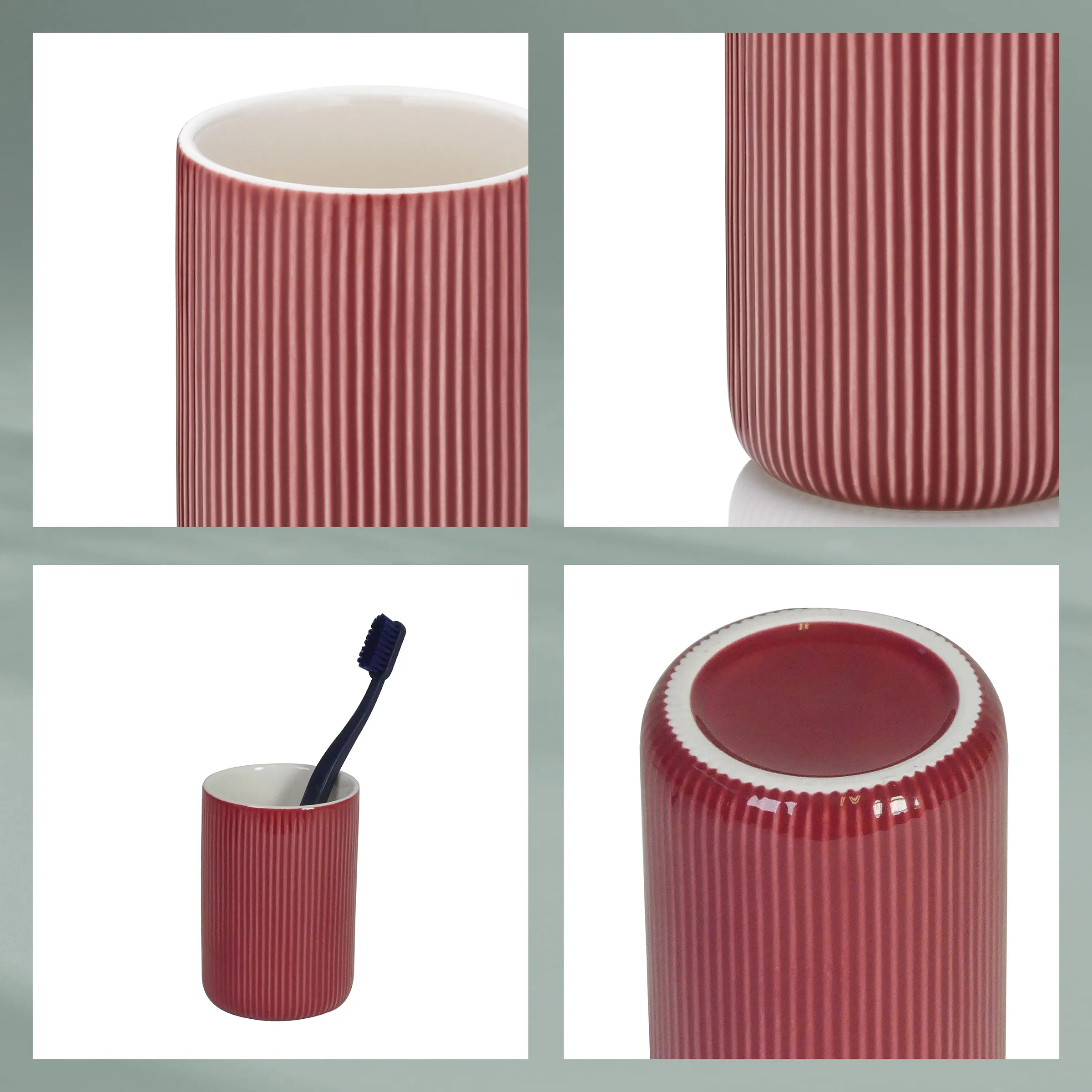 Ripptes Keramik Badezimmer Accessoire Set Rot Rotes geripptes Keramik-Badezimmerset mit Zahnbürsten-Halter, Seifenschale und zylindrischem Behälter