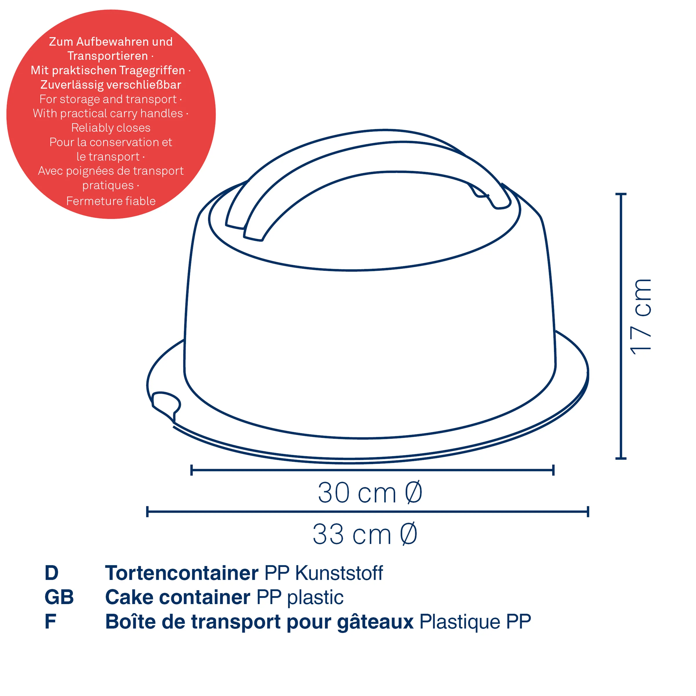 Kunststoff-Tortencontainer mit Tragegriffen, 33 cm Durchmesser, 17 cm Höhe, für Transport und Lagerung