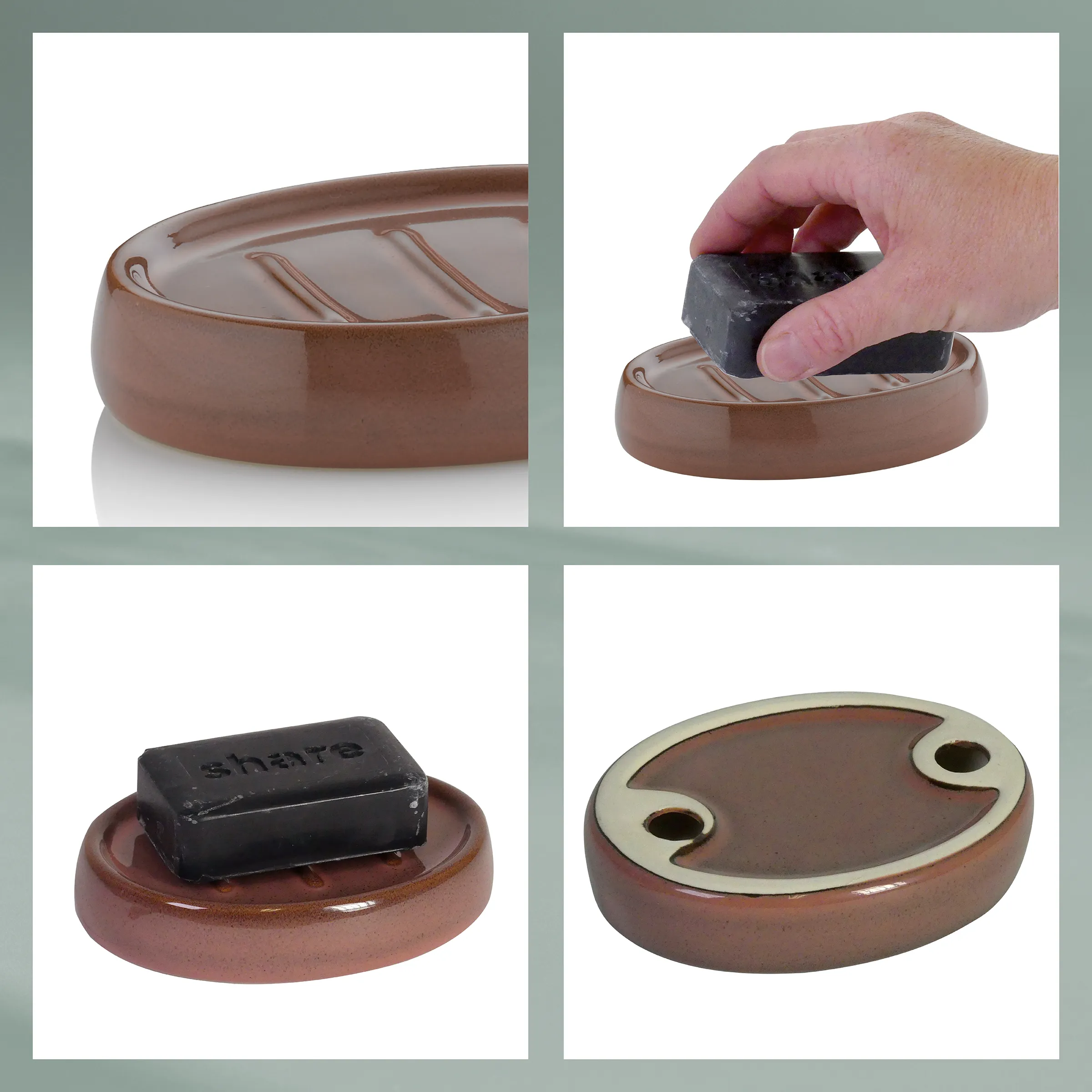Braune Keramik-Seifenschale mit Rillen und Metallabdeckung, Hand legt schwarze Seife hinein