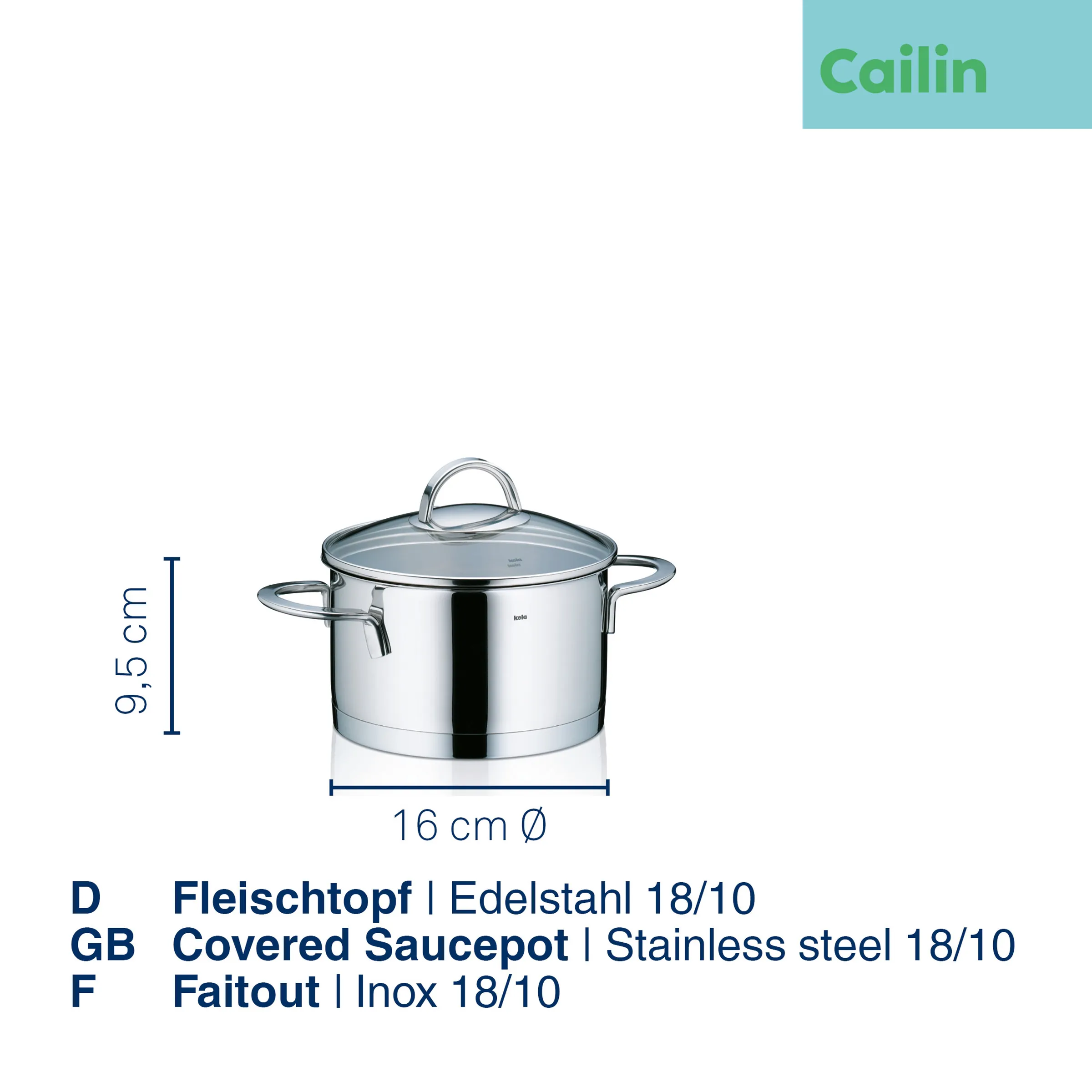 Edelstahl Fleischtopf Cailin mit Glasdeckel, 16 cm Durchmesser, 9,5 cm Höhe