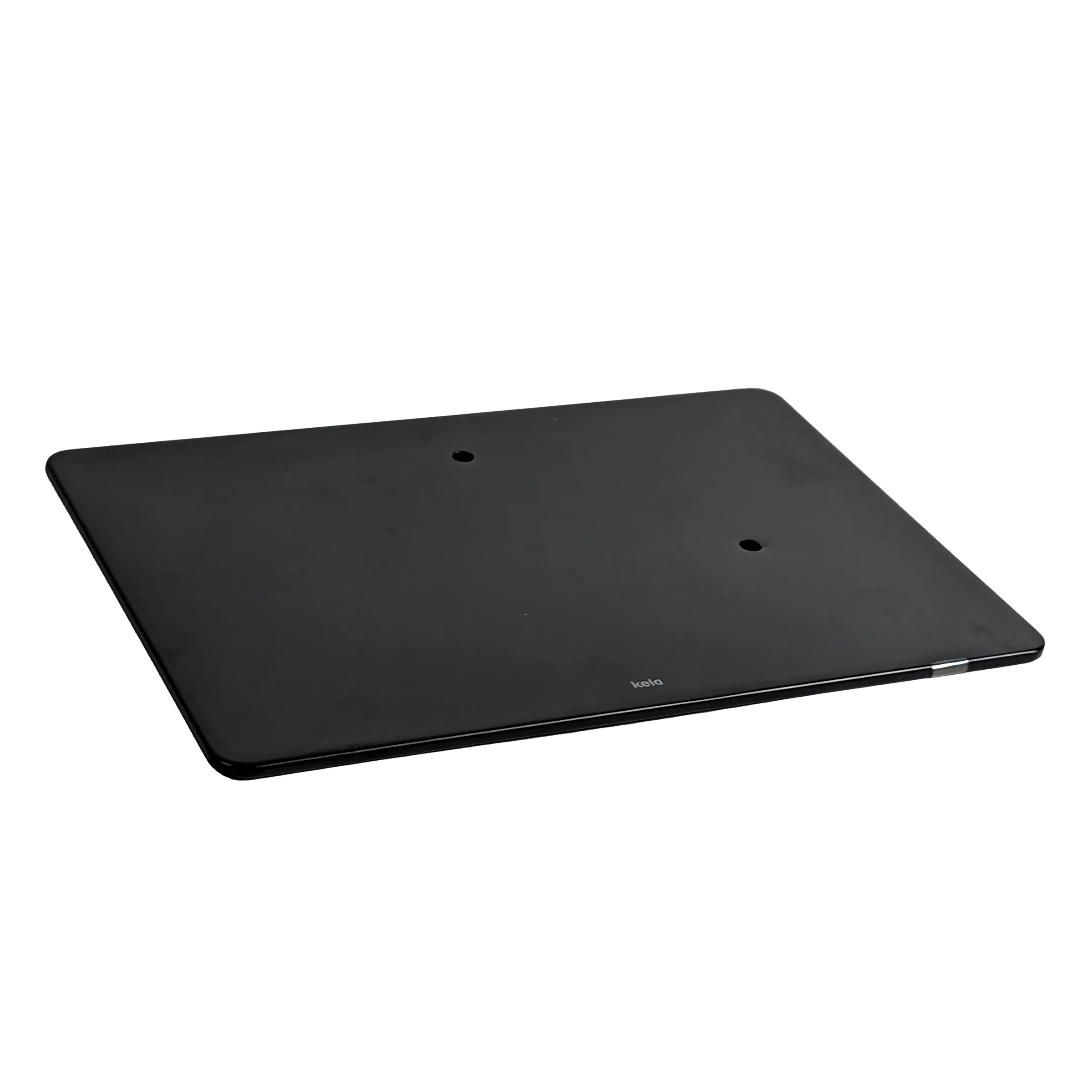 Schwarze Kala-Tablet-Rückseite mit abgerundeten Ecken und zwei Löchern oben, auf weißem Hintergrund.