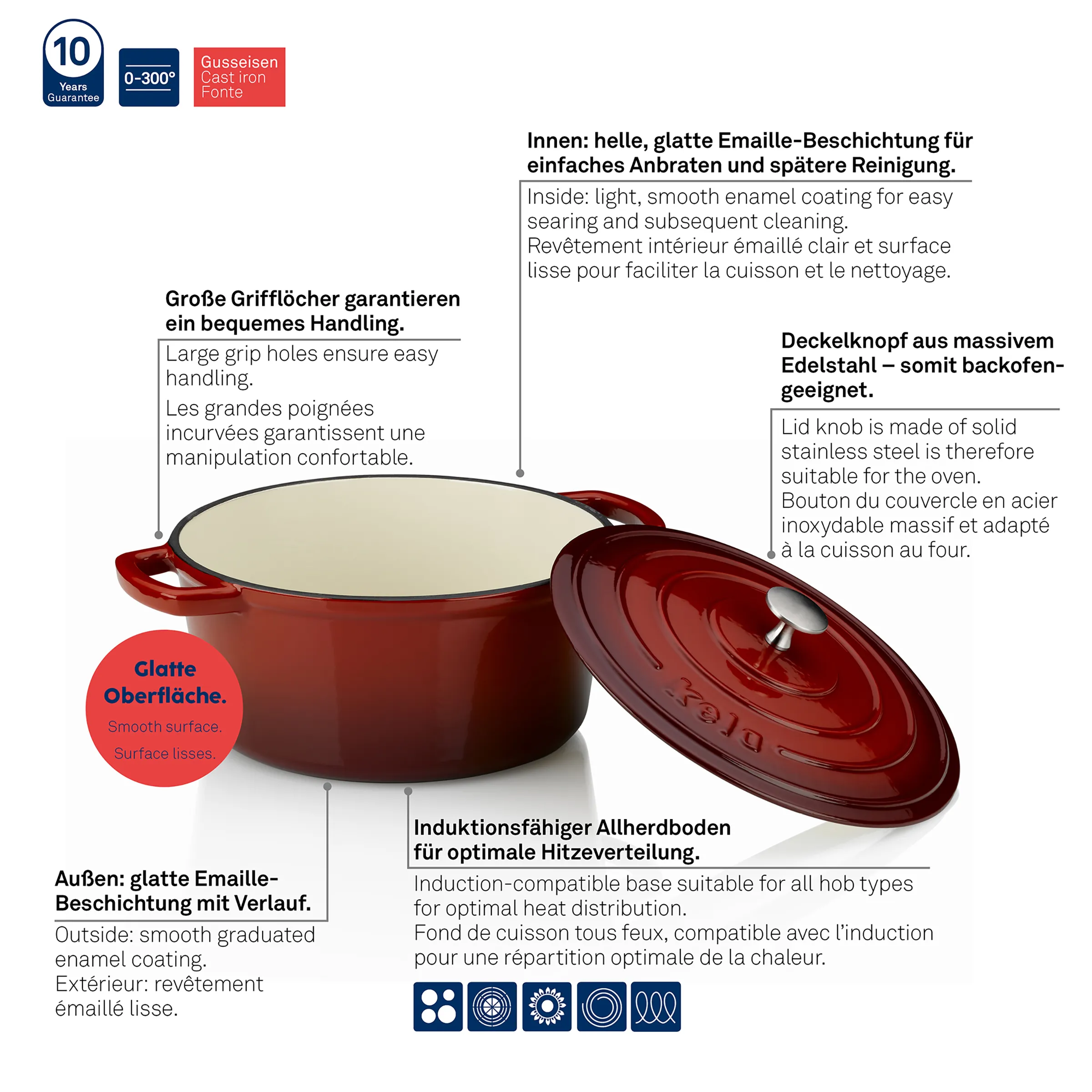 Gusseisen Bräter mit Deckel - Emailliert Rot Rote Gusseisen-Bräter mit Deckel, großen Griffen und hellbeiger Emaillebeschichtung innen. Zeigt Produktmerkmale wie Induktionsfähigkeit.