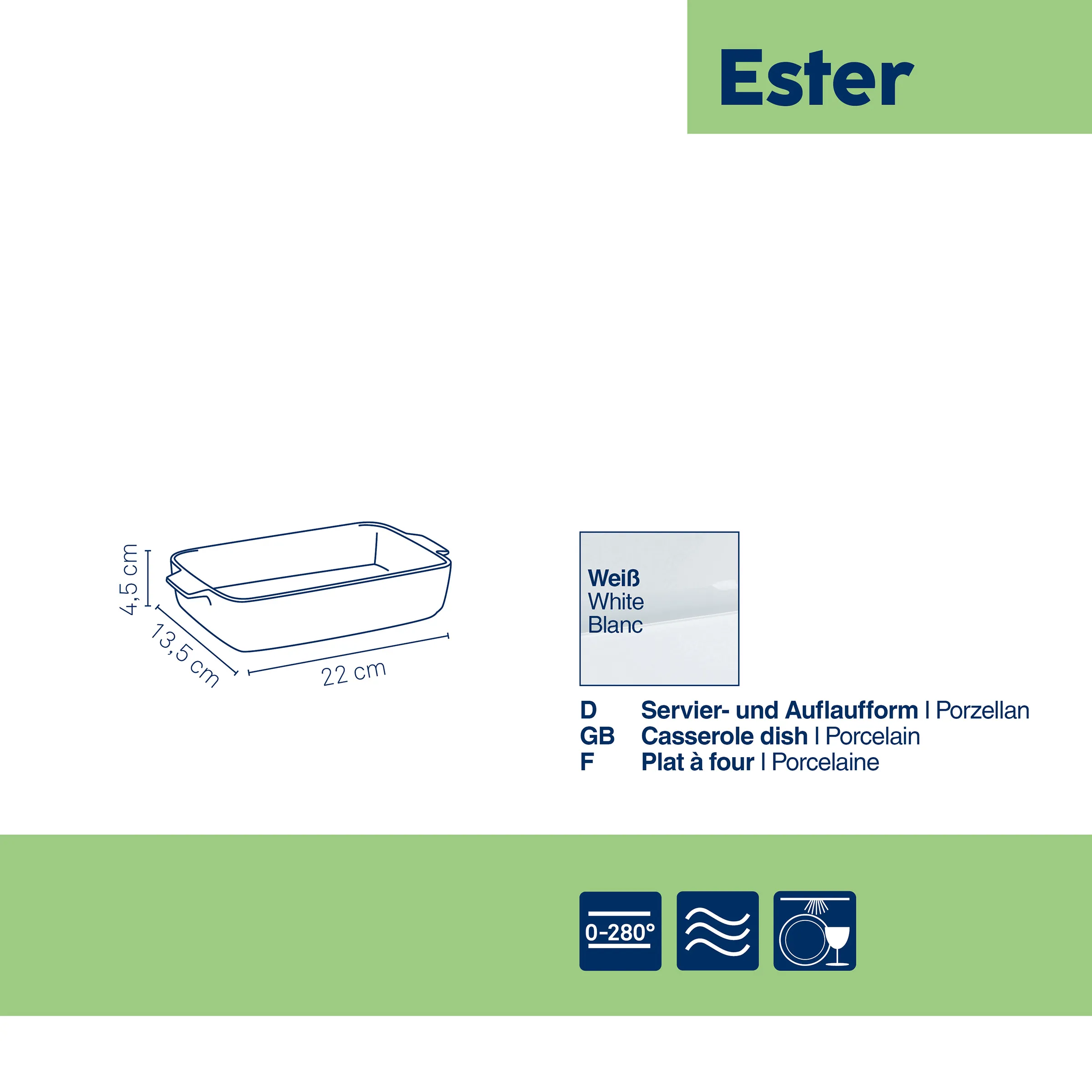Weiße Porzellan-Auflaufform Ester mit Abmessungen 22 x 23,5 x 4,5 cm, spülmaschinenfest und backofengeeignet bis 280°C