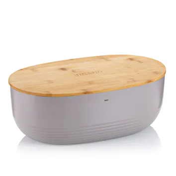 Brotkasten aus grauem Steingut mit ovalem Bambusdeckel, moderne Brotdose mit gerillter Oberfläche