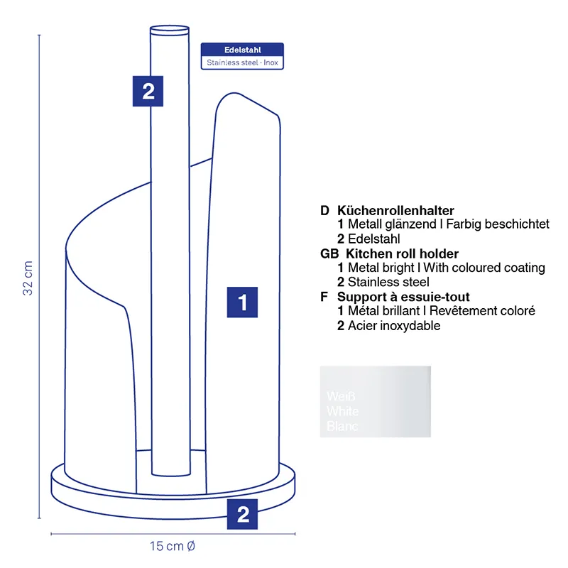 Küchenrollenhalter Edelstahl Weiß – Technische Produktzeichnung mit Maßangaben Technische Zeichnung eines Küchenrollenhalters aus Edelstahl, 32 cm hoch, 15 cm Durchmesser, in Weiß