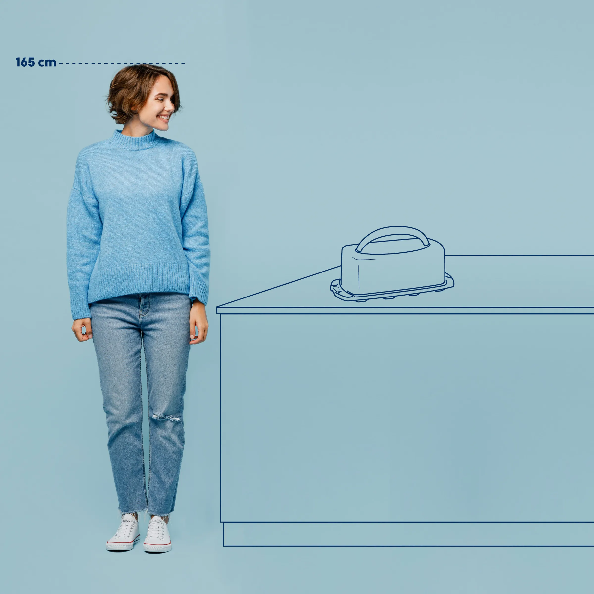 Ergonomische Küchenarbeitshöhe 165 cm - Küchenplanung Größenvergleich Frau in blauem Pullover steht neben gezeichneter Küchenarbeitsplatte mit Butterdose, Größenangabe 165 cm