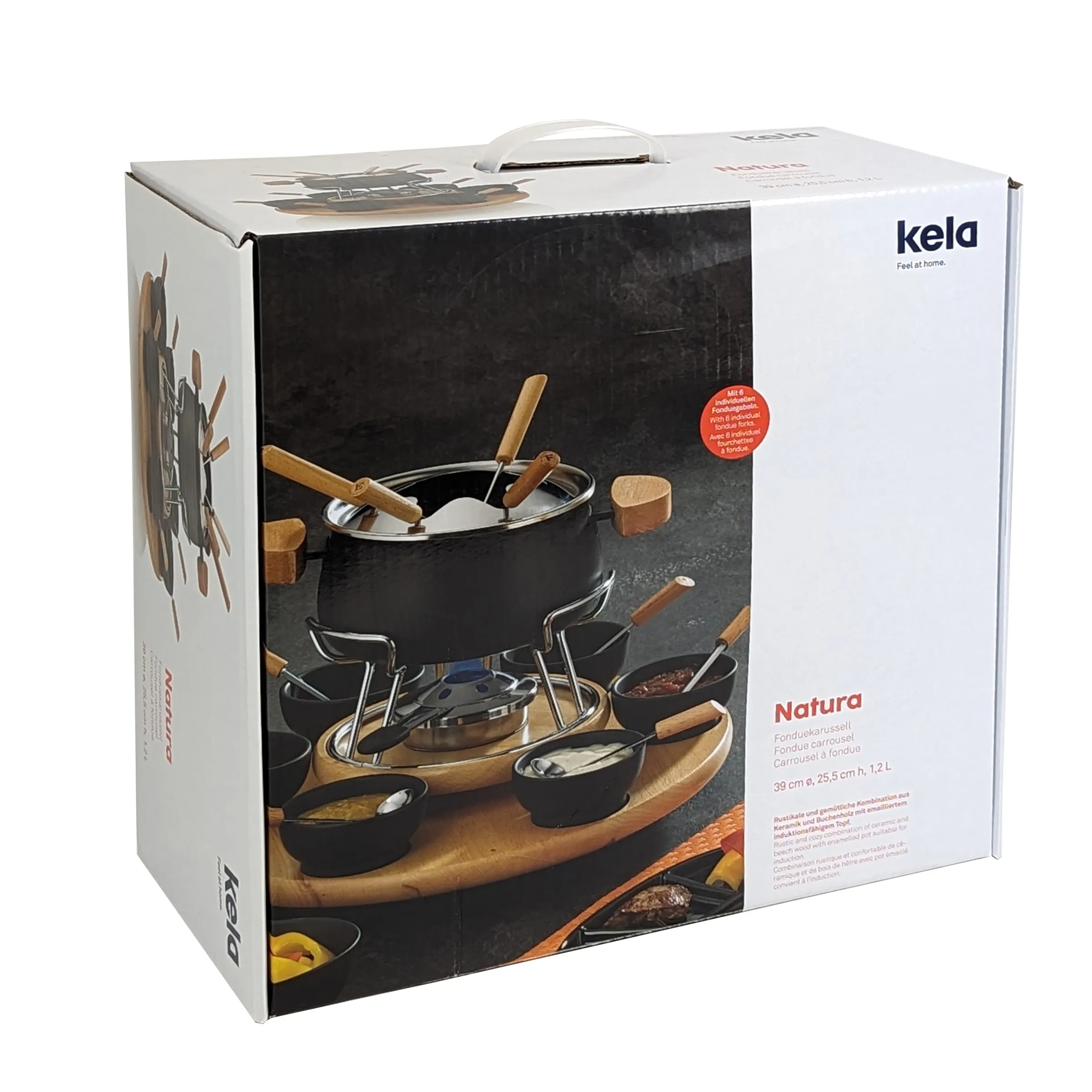 Kela Natura Fondue-Set - Fondue Garnitur mit Zubehör Kela Natura Fondue-Set mit schwarzem Topf, Holzgriffen, Servierlöffeln und Holzbrett in Originalverpackung