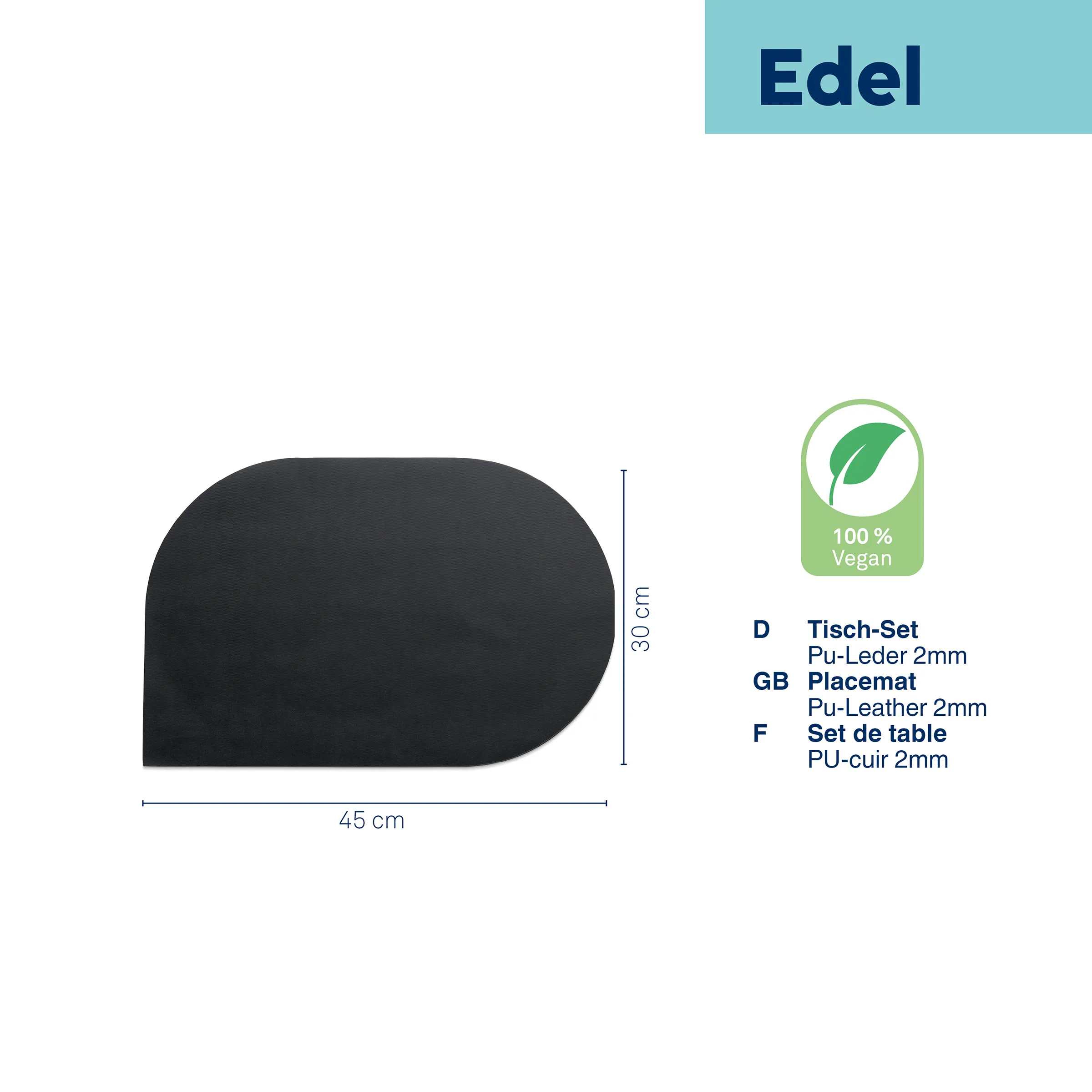 Schwarzes Tisch-Set aus Pu-Leder mit abgerundeten Ecken, 45 cm x 30 cm, 100% vegan.