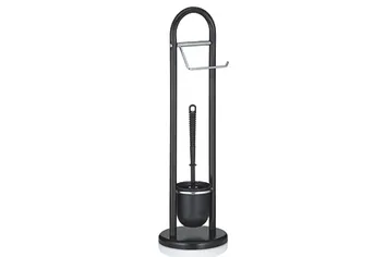 Schwarze WC-Garnitur aus Metall mit Toilettenbürste, Halter und Toilettenpapierrollenhalter auf rundem Standfuß