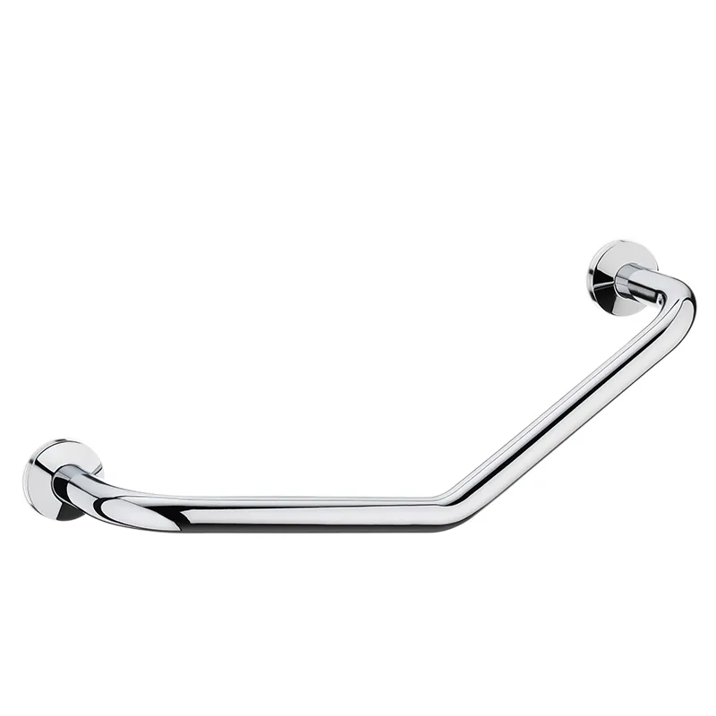 Badezimmer Haltegriff Chrom L-Form - Sicherheit und barrierefreies Design Chrom-Haltegriff für Badezimmer in L-Form mit polierter Oberfläche an weißer Wand montiert