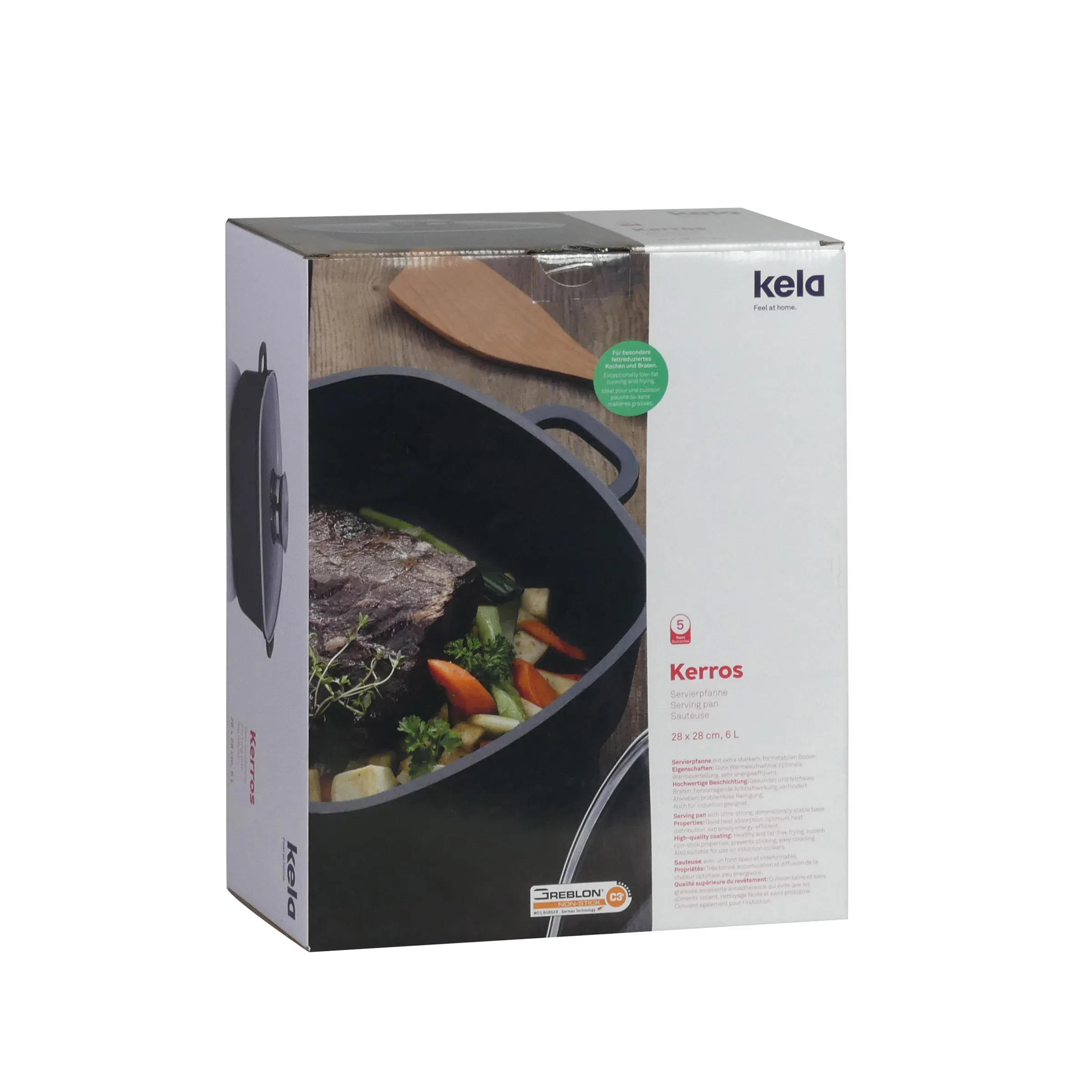 Kela Kerros Servierpfanne 6L Gusseisen Bratpfanne Kela Kerros Servierpfanne Schwarz 28x28 cm, 6 L mit Deckel, Holzgriff und Gemüse in Verpackung