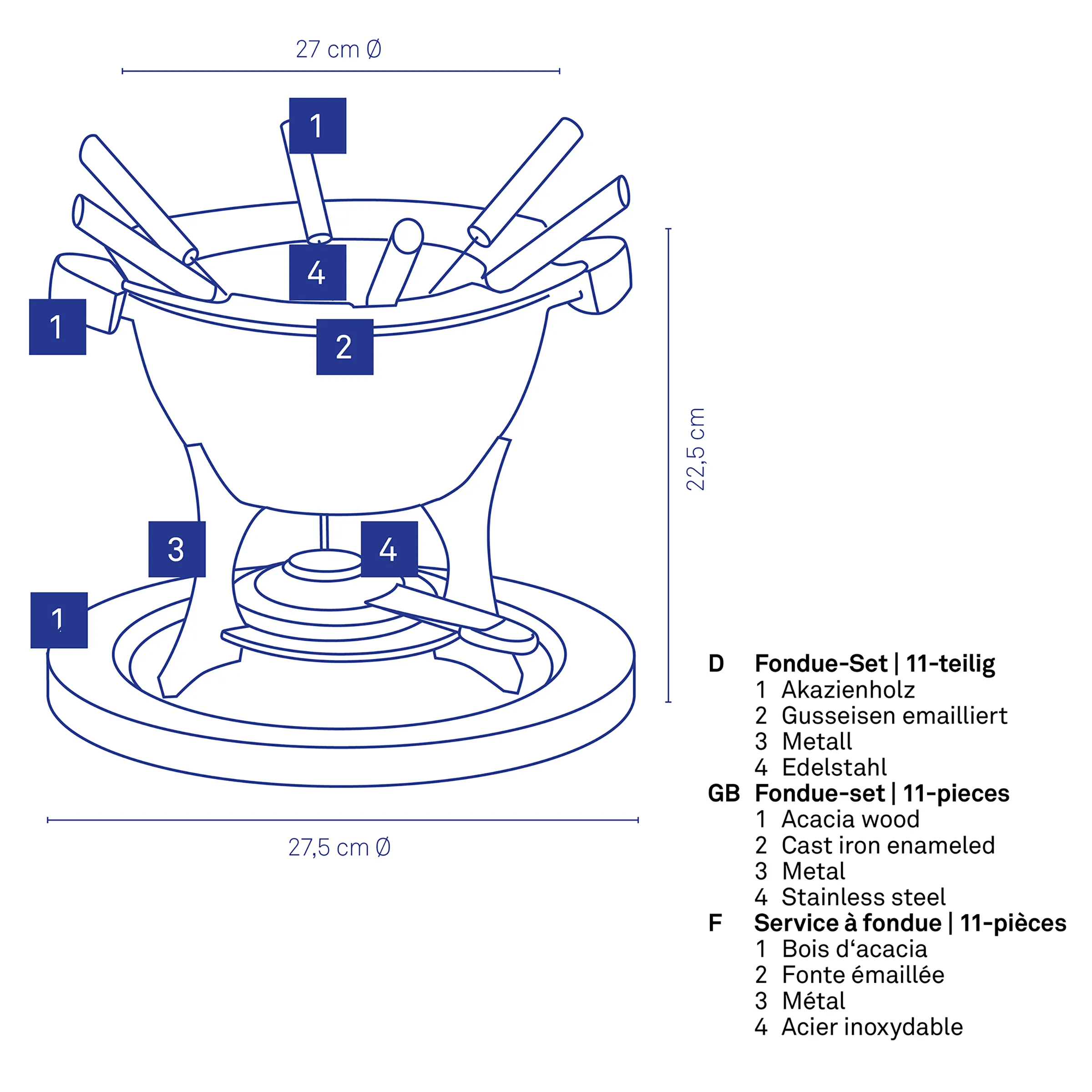 Technische Zeichnung eines 11-teiligen Fondue-Sets mit Maßangaben, Materialien und nummerierten Komponenten