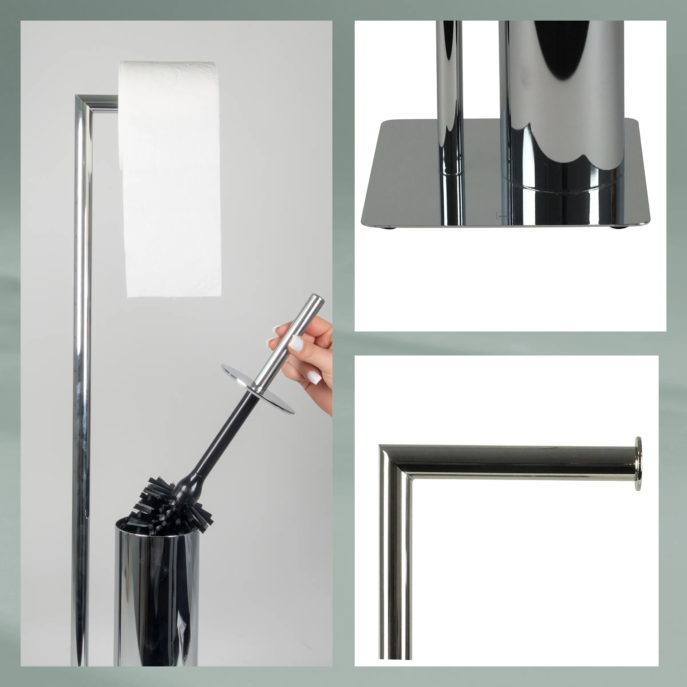 Designer Toilettenbürste Edelstahl verchromt - Moderne WC-Bürste freistehend Freistehende Designer-Toilettenbürste aus verchromtem Edelstahl mit schwarzem Bürstenkopf und Metallständer