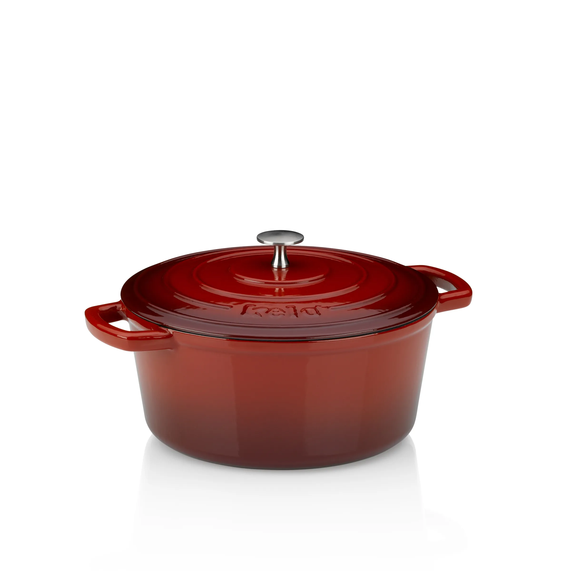 Gusseisen Cocotte rot - Hochwertige Bräter für Küche Rote Gusseisen-Cocotte mit Deckel und silbernem Griff auf weißem Hintergrund