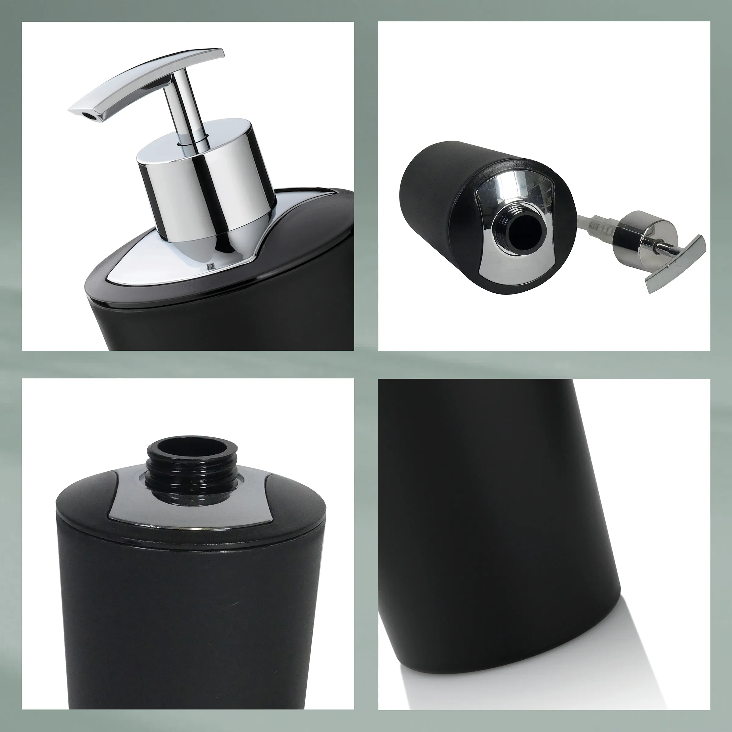 Seifenspender schwarz matt mit Chrom - Badezimmer Accessoire Set Details Schwarzer Seifenspender mit Chromdetails in vier Detailansichten - Pumpe, Anschluss, Deckel und Sockel